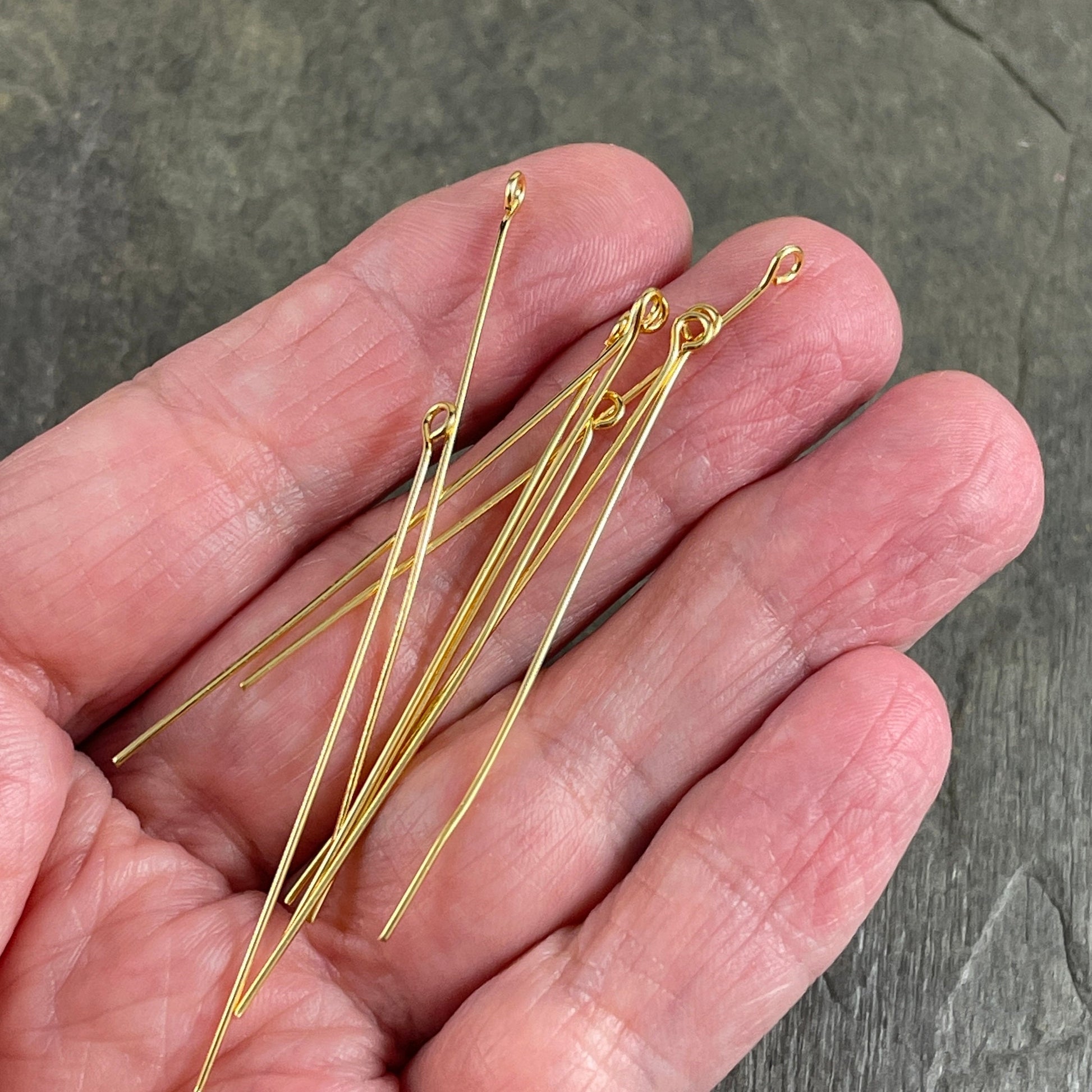 Gold Eye Pins, 2" Eye Pins for Jewelry Making, 21 Gauge Gold Plated Brass Eye Pins (5448) * Qty. 50