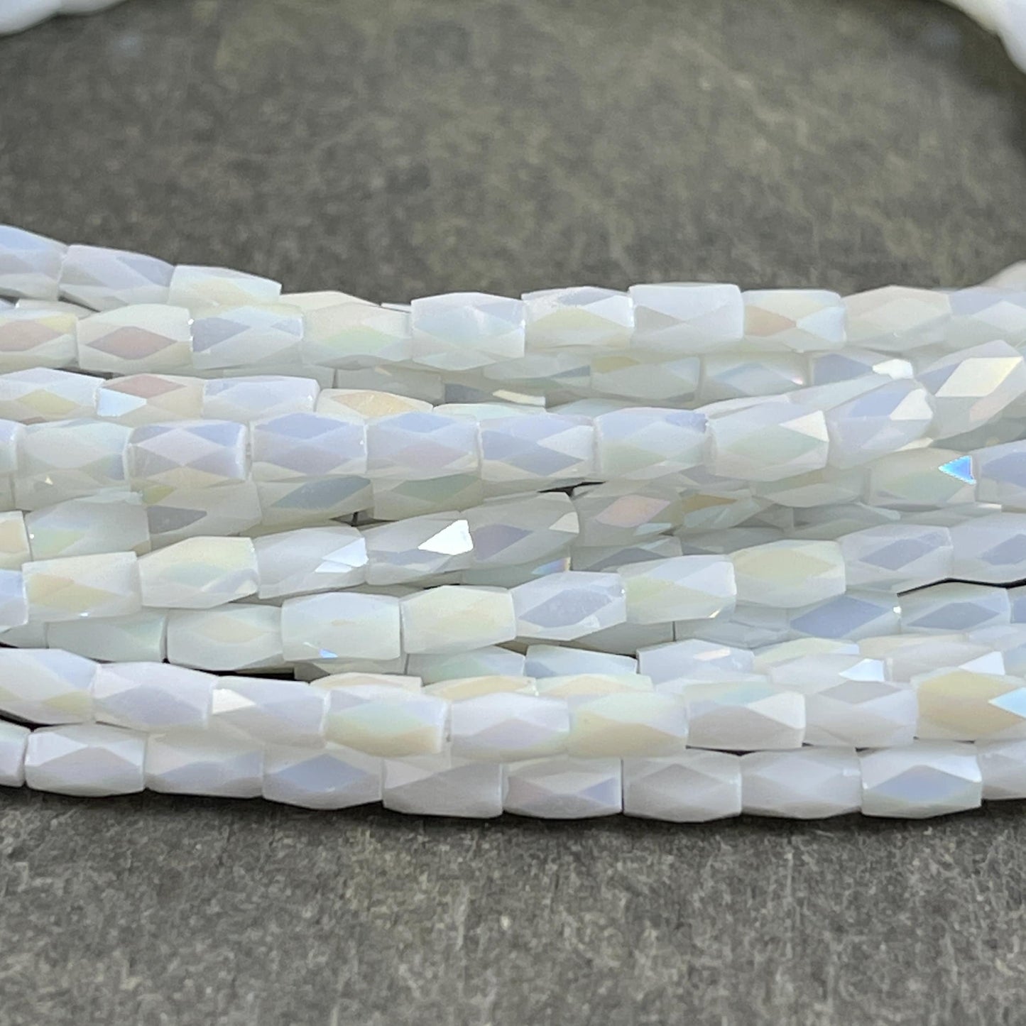 Opaque White AB 5mm Faceted Tube Beads, Shiny White Glass Bead, 5x3mm Tube Beads (FGT-OWAB1) * 17" Strand