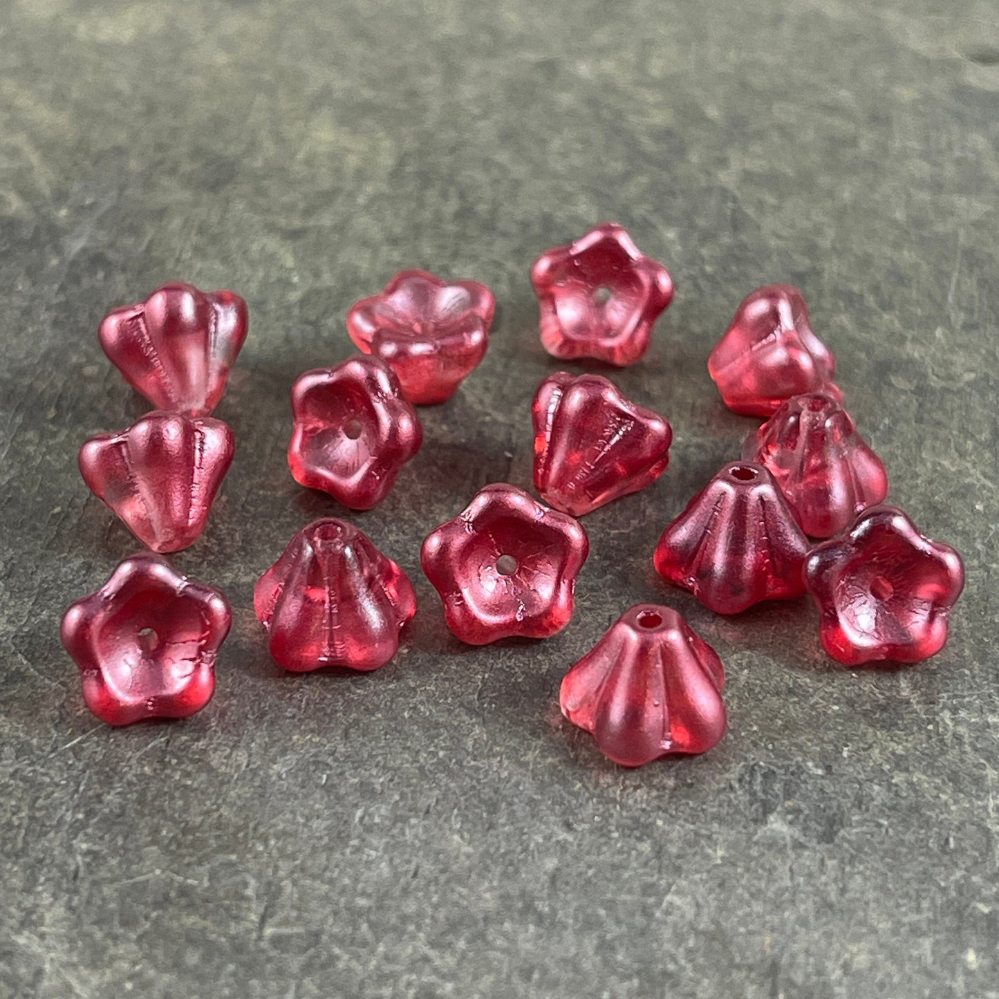 Czech Glass Flower Beads - Raspberry Pink Bell Flower, 6x8mm Berry Pink Flower Beads, Dark Pink Coated Glass Flower (BF/SM-K3712) * Qty. 25