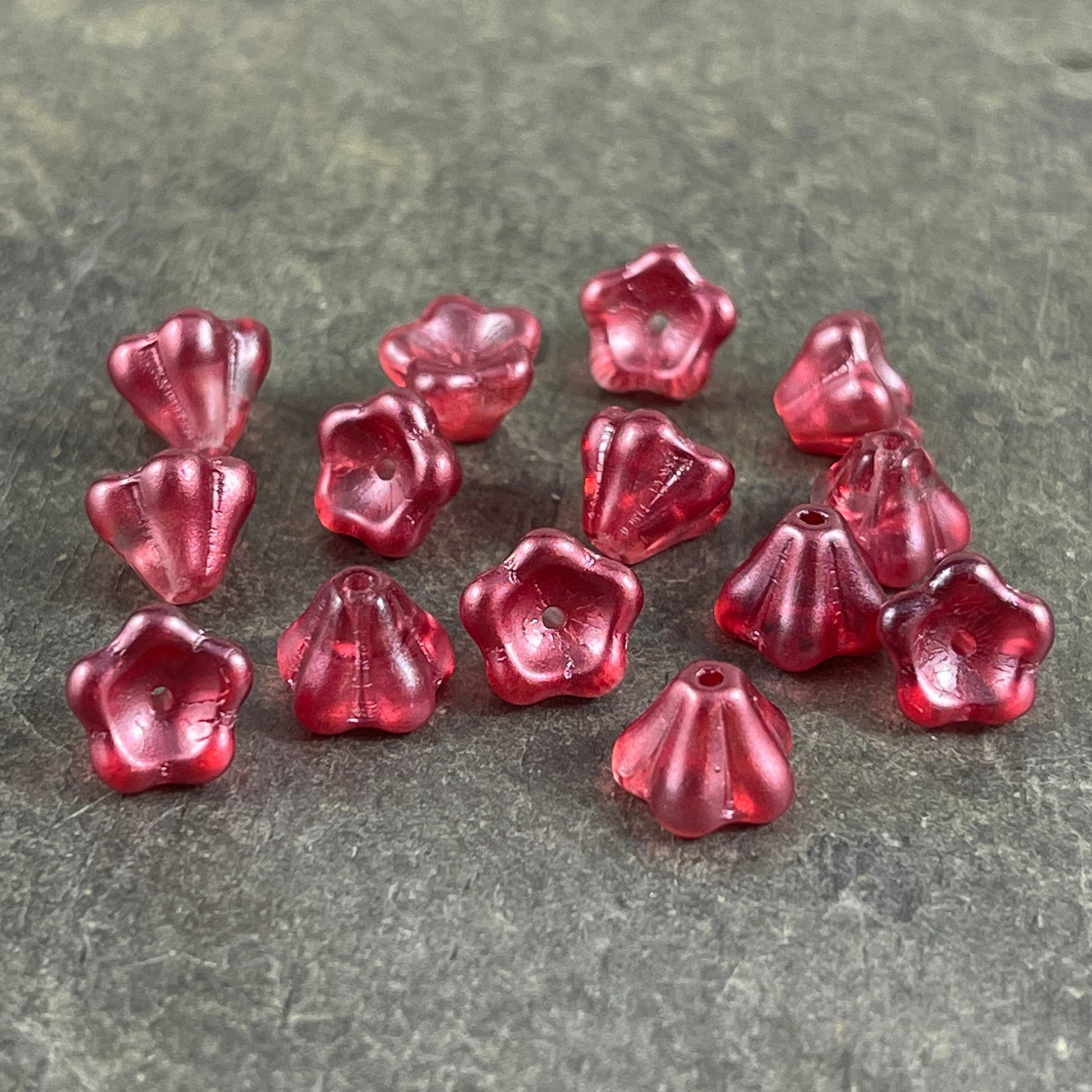 Czech Glass Flower Beads - Raspberry Pink Bell Flower, 6x8mm Berry Pink Flower Beads, Dark Pink Coated Glass Flower (BF/SM-K3712) * Qty. 25