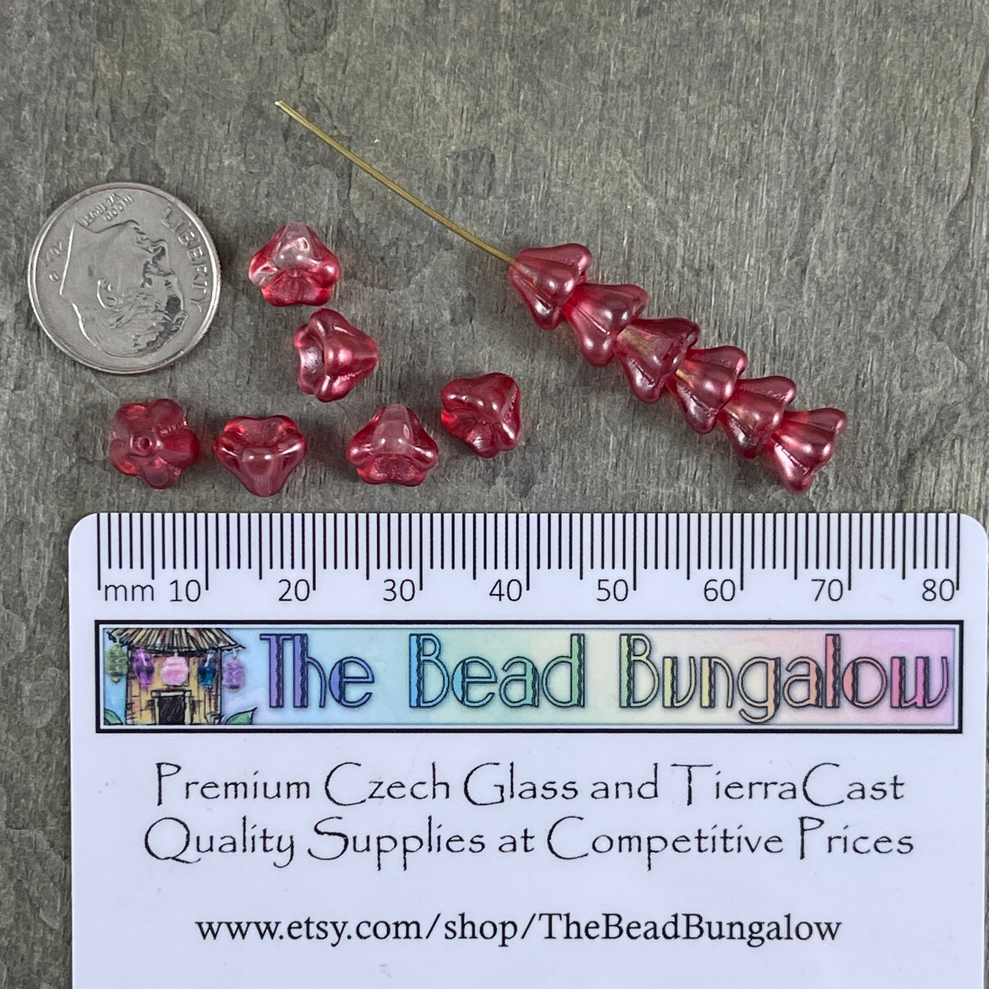 Czech Glass Flower Beads - Raspberry Pink Bell Flower, 6x8mm Berry Pink Flower Beads, Dark Pink Coated Glass Flower (BF/SM-K3712) * Qty. 25