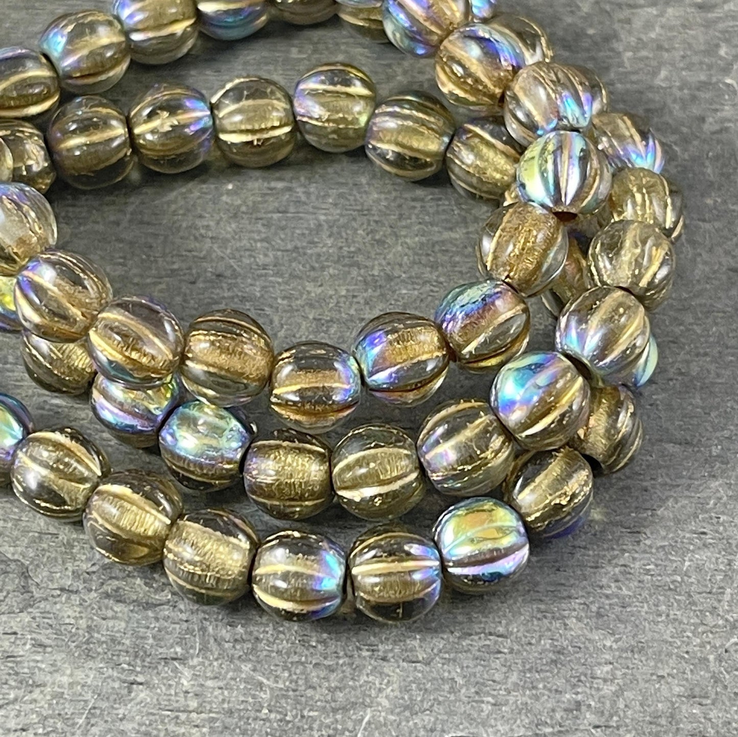 Transparent Gold AB Large Hole Beads Czech Glass Beads - 6mm Large Hole Melon 6mm Clear with Gold Wash and AB Finish (BH6/N-065) * Qty. 25