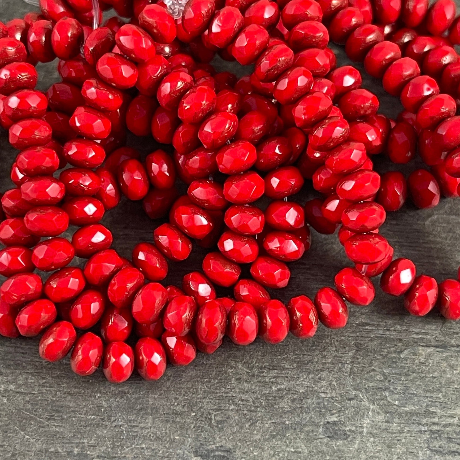 Opaque Red Faceted Czech Glass Beads 5x3mm Rondelle Opaque Bright Red Glass with Bronze Picasso (R5/N-0147) - Qty. 30