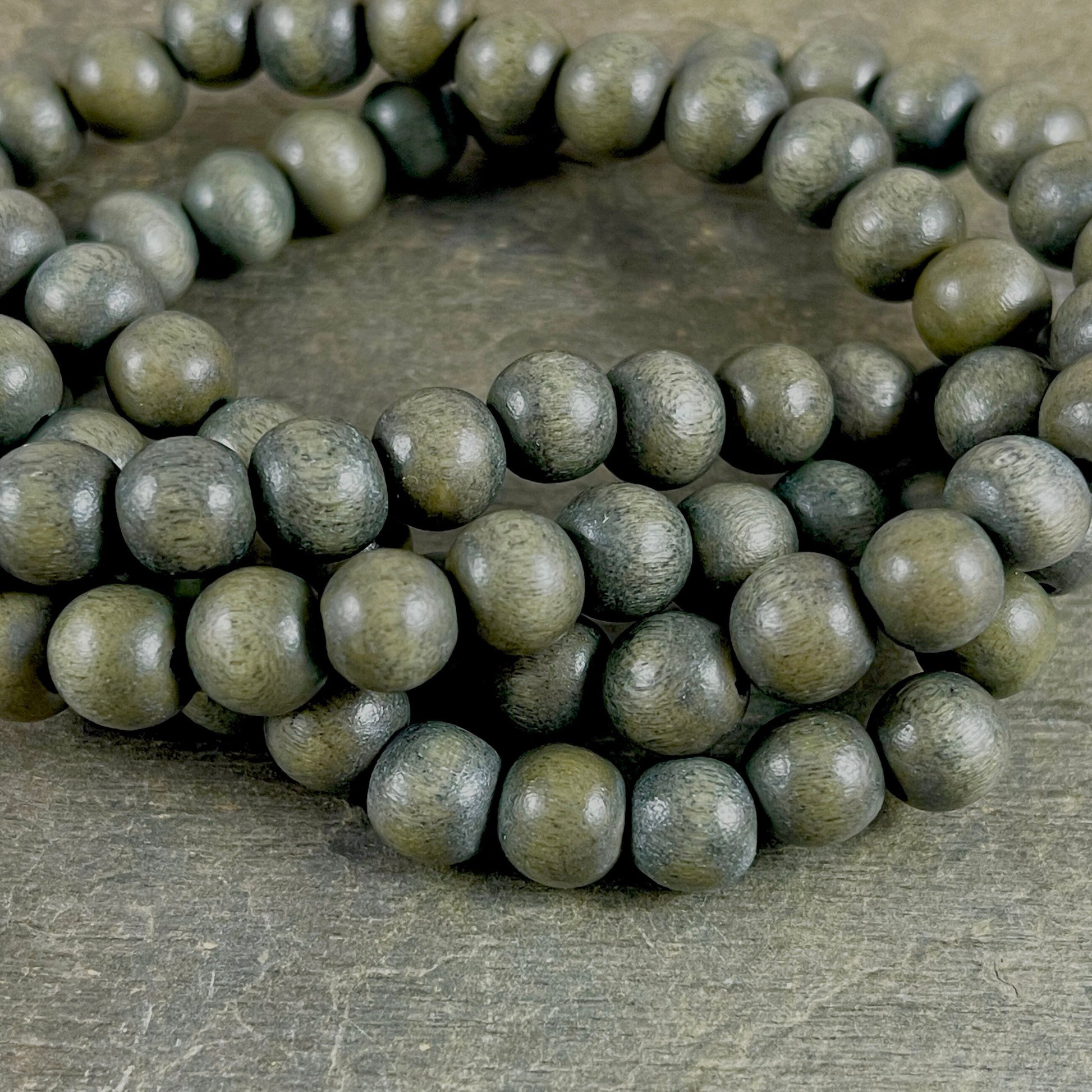 8mm Round Wooden Beads Green Smoke Wooden Beads Grayish Green Wooden Beads Pewter Green Gray Beads (9457v2) - 16" Strand