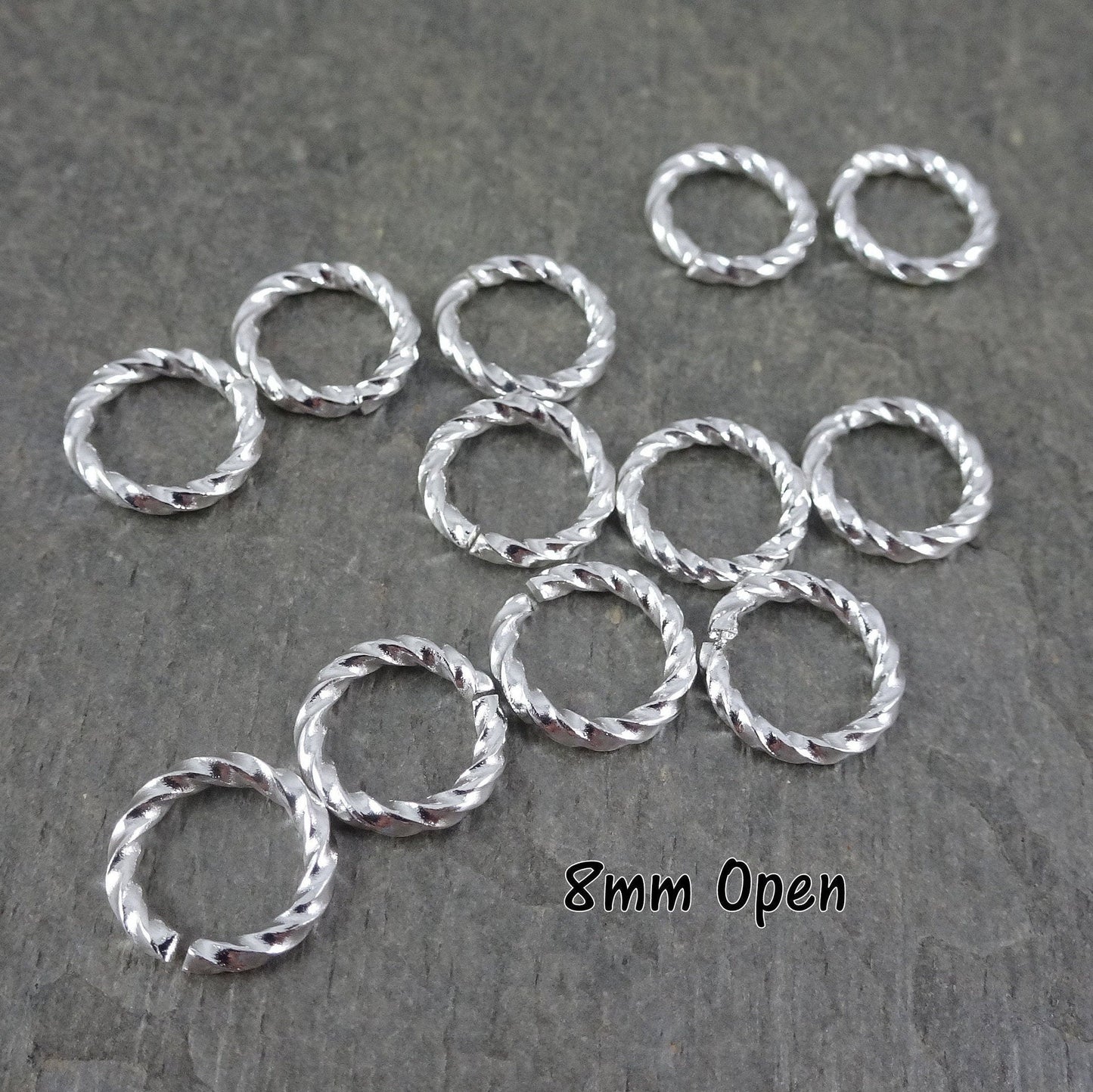 8mm Twisted Jump Rings, 16g Decorative Silver Open Jump Rings (5030) * Qty. 50 or 100