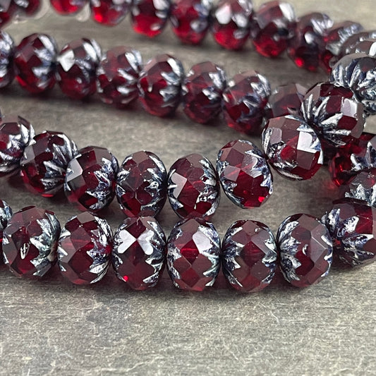 Ruby Red Czech Glass Beads 6x9mm Cruller Dark Red Czech Beads - Transparent Ruby Red Picasso Rondelles (CR9/N-0406) - Qty. 10