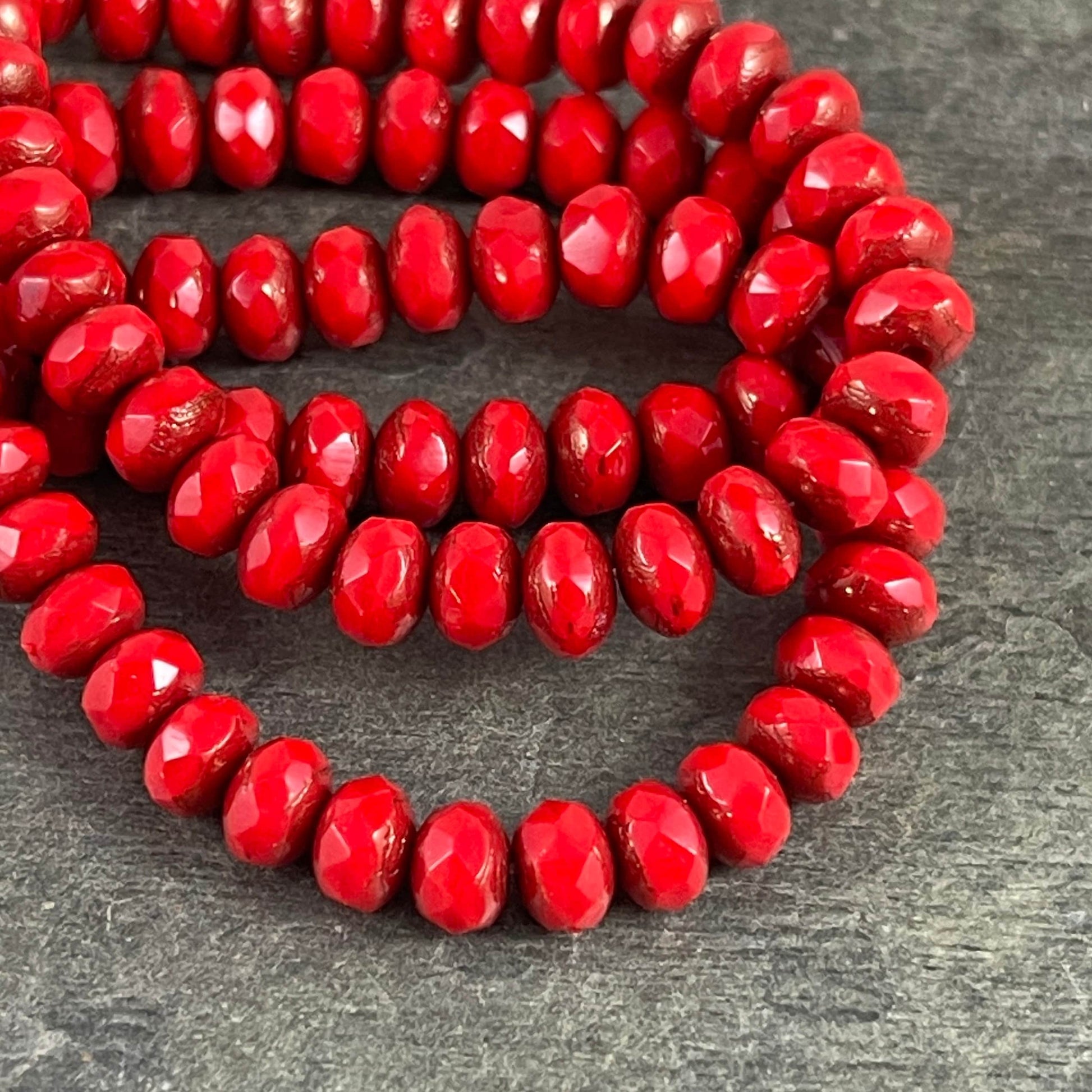 Opaque Red Faceted Czech Glass Beads 5x3mm Rondelle Opaque Bright Red Glass with Bronze Picasso (R5/N-0147) - Qty. 30