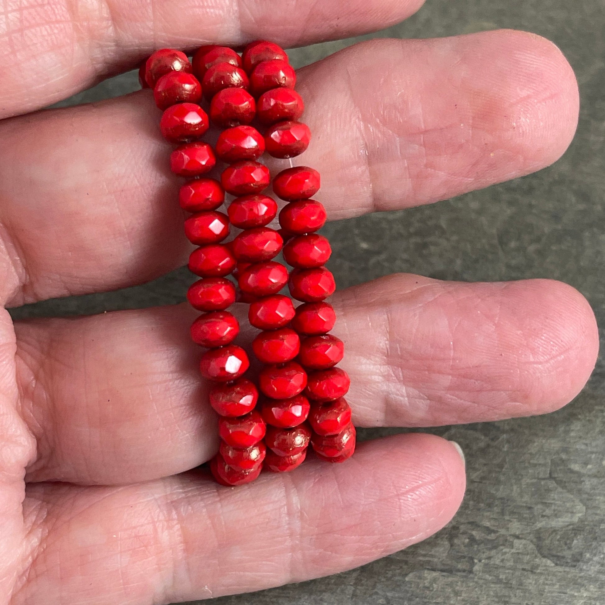 Czech Glass Beads - 5x3mm Faceted Rondelle, Opaque Bright Red Glass with Bronze Picasso (R5/N-0147) * Qty. 30