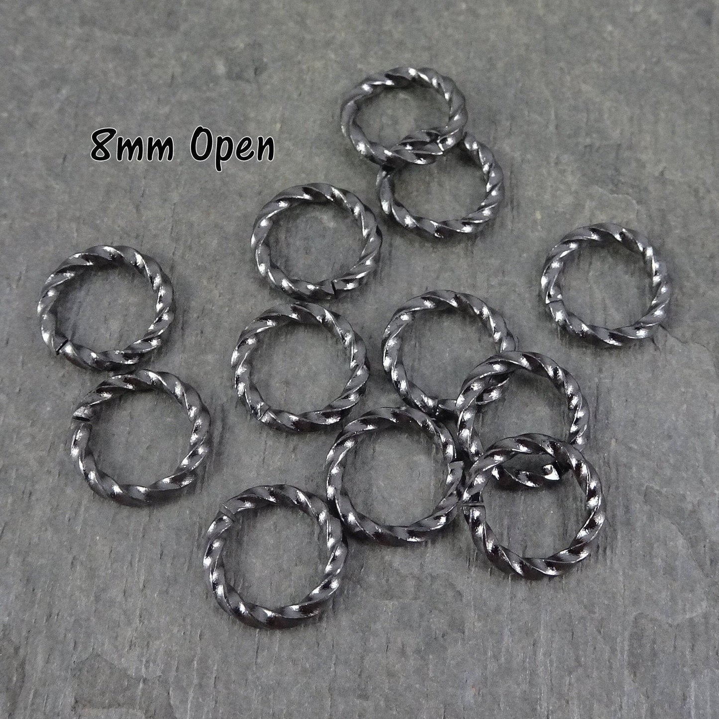 8mm Twisted Jump Rings, 16g Open, Gunmetal Black Plated Brass (FMG/5036) * Qty. 100