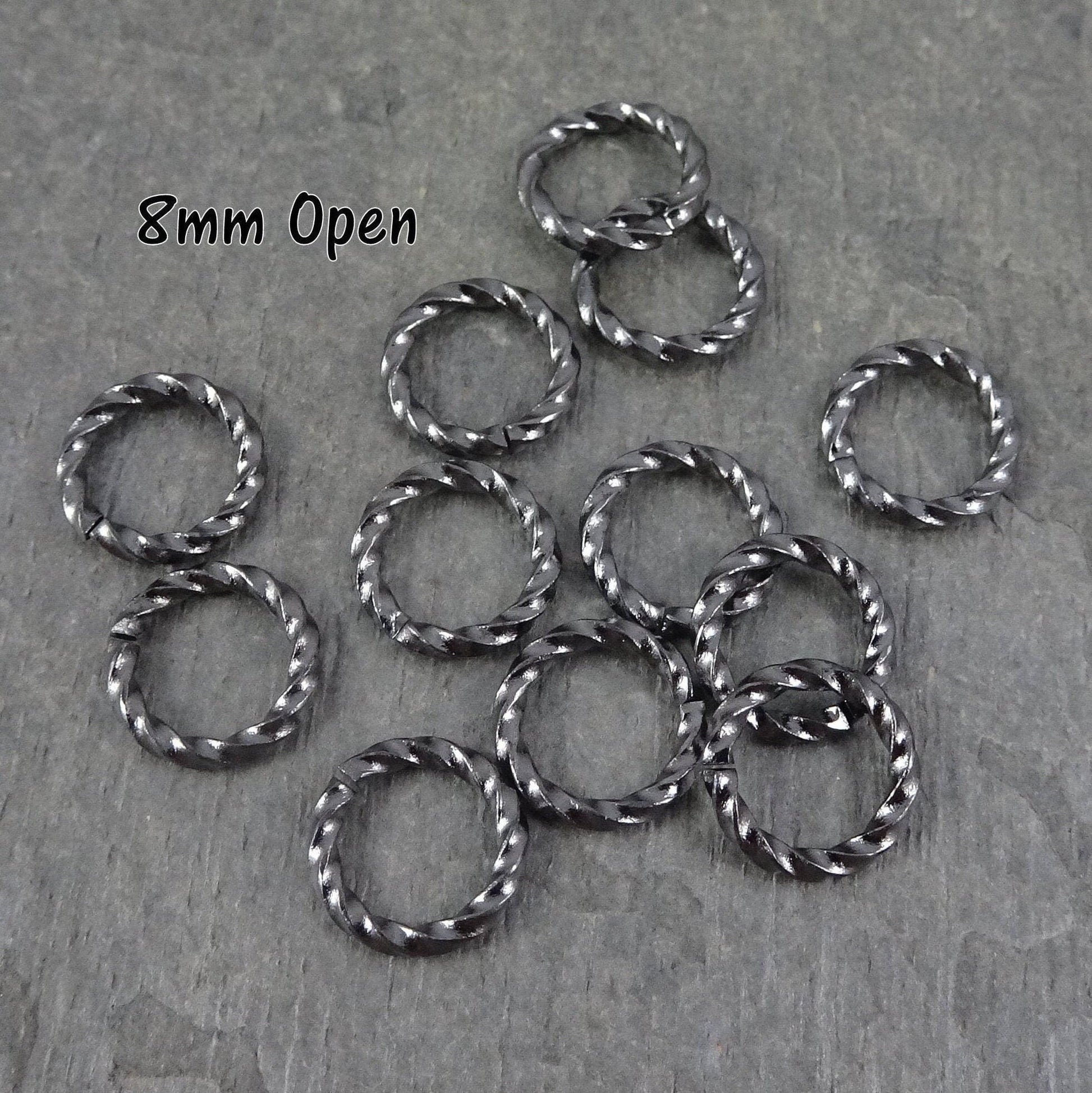 8mm Twisted Jump Rings, 16g Open, Gunmetal Black Plated Brass (FMG/5036) * Qty. 100