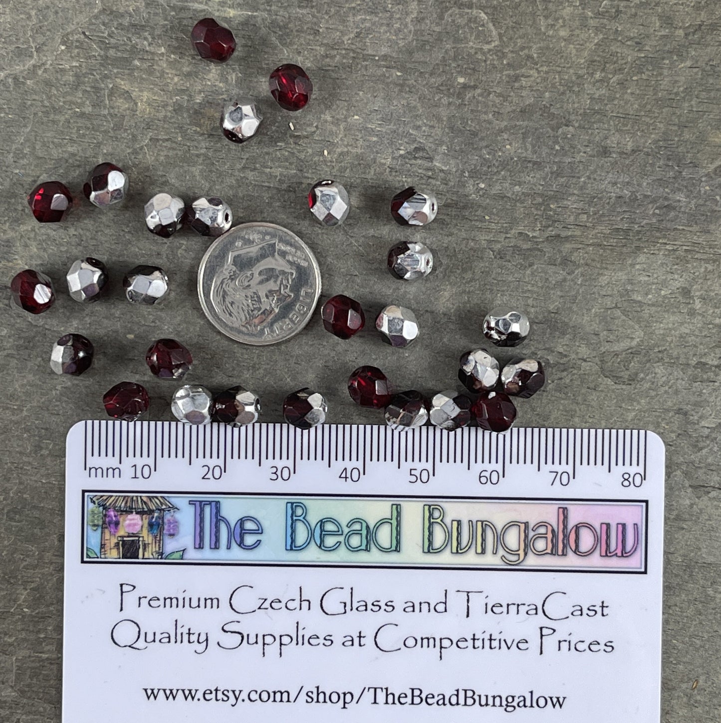 Czech Glass Beads - Transparent Ruby Red and Silver Half Tone, 6mm Faceted Round, Fire Polished Beads (FP6/9010-27001) * Qty 50