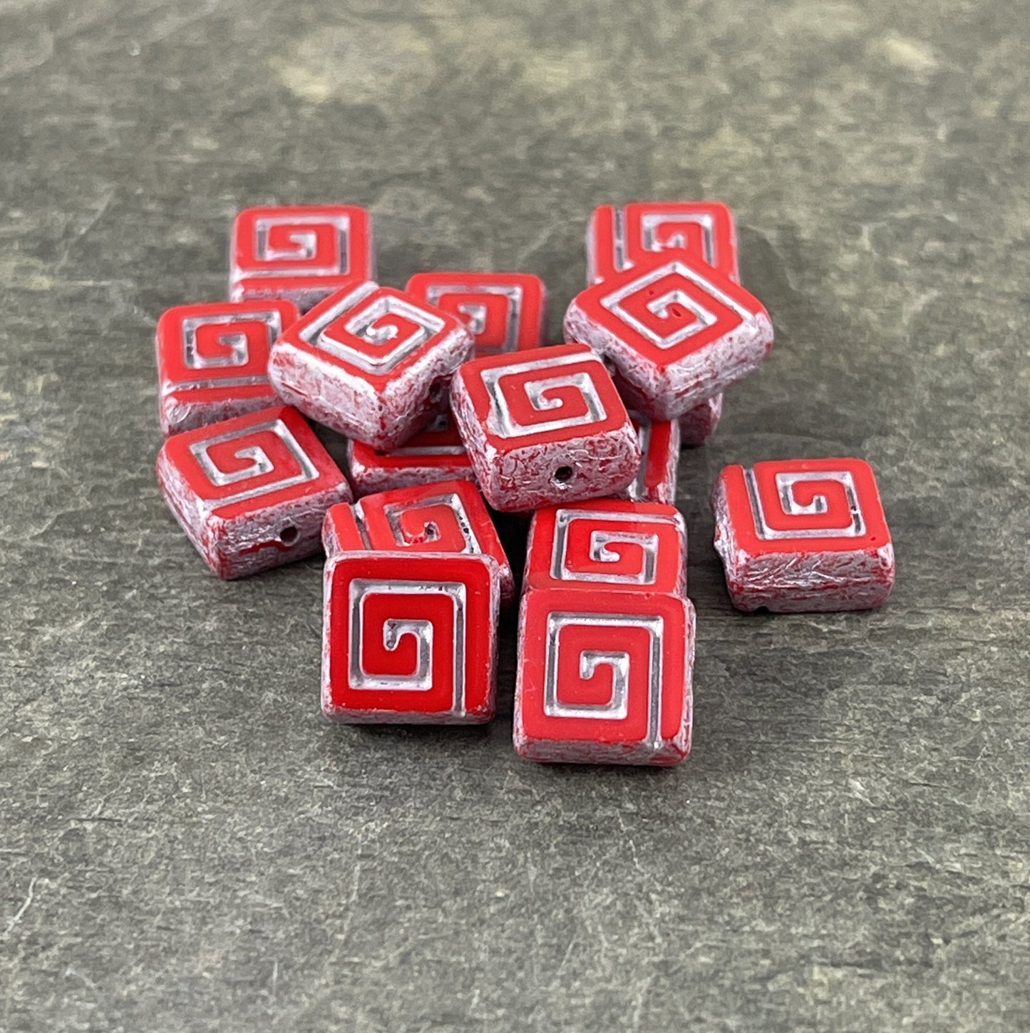 Red Table Cut Picasso Bead, Czech Glass Beads, Opaque Red and Silver 9mm Square Glass Bead (CSq2) * Qty. 8