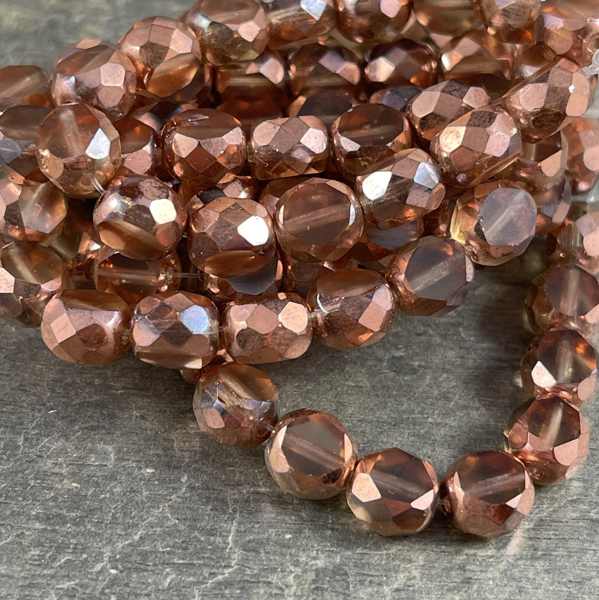 Transparent Salmon Pink and Copper 8mm Table Cut Beads, Czech Glass Faceted Oval Bead (FAS/N-1262) * Qty. 15