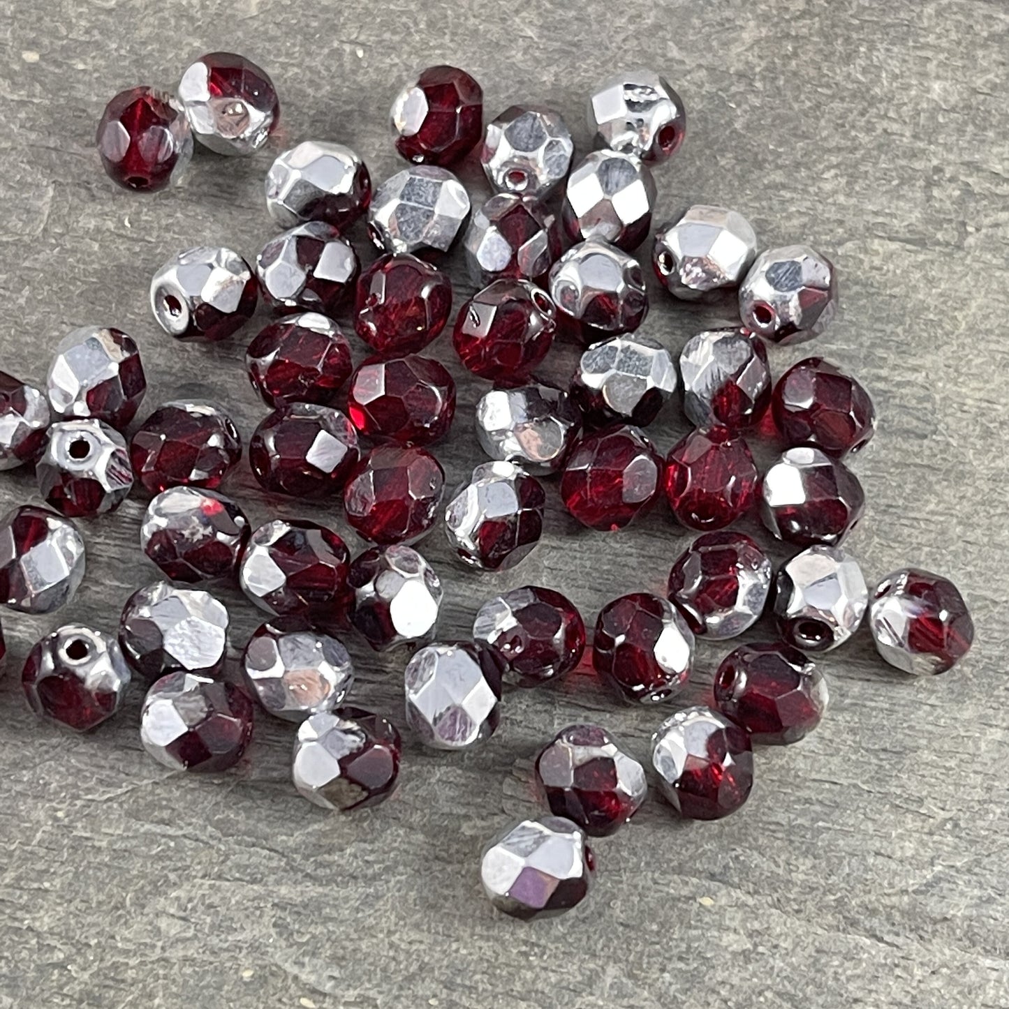 Czech Glass Beads - Transparent Ruby Red and Silver Half Tone, 6mm Faceted Round, Fire Polished Beads (FP6/9010-27001) * Qty 50