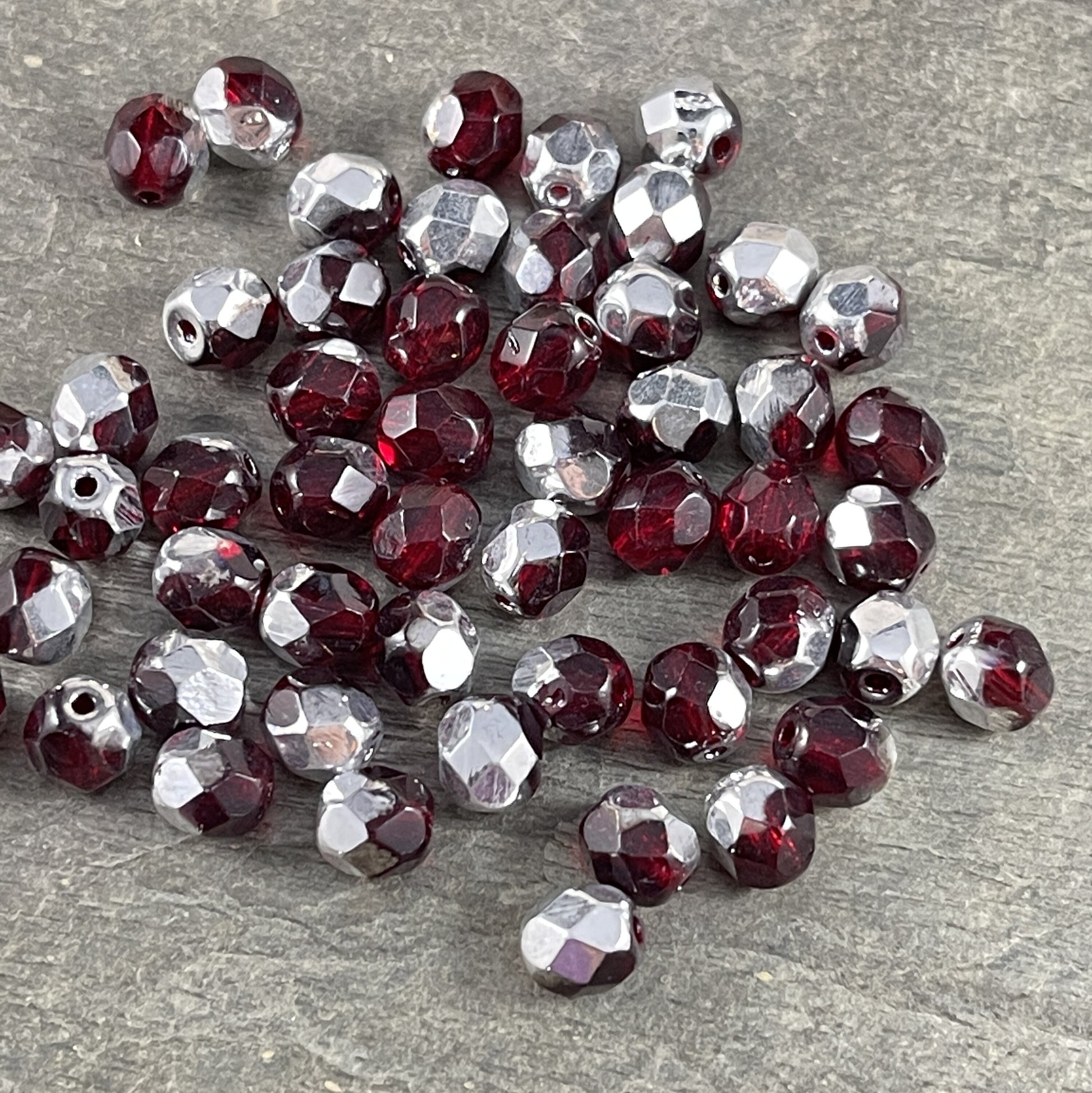 Czech Glass Beads - Transparent Ruby Red and Silver Half Tone, 6mm Faceted Round, Fire Polished Beads (FP6/9010-27001) * Qty 50