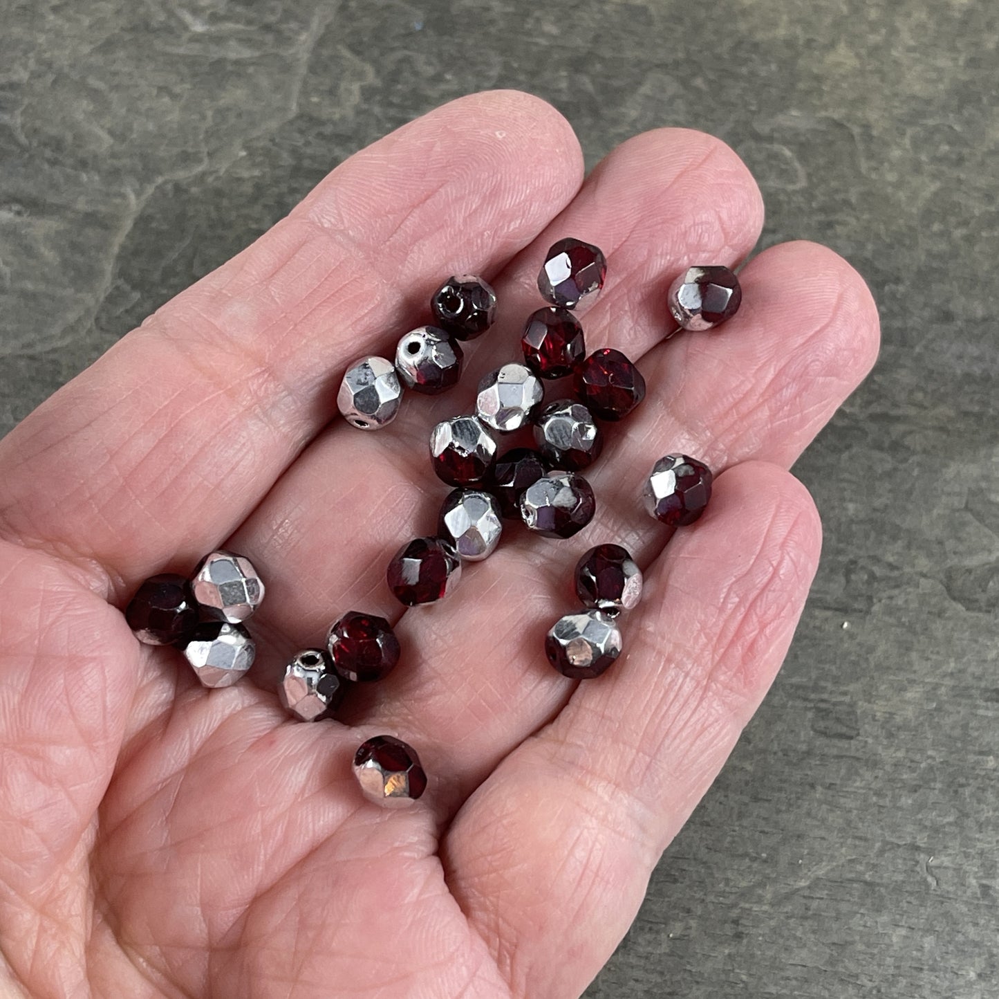 Czech Glass Beads - Transparent Ruby Red and Silver Half Tone, 6mm Faceted Round, Fire Polished Beads (FP6/9010-27001) * Qty 50