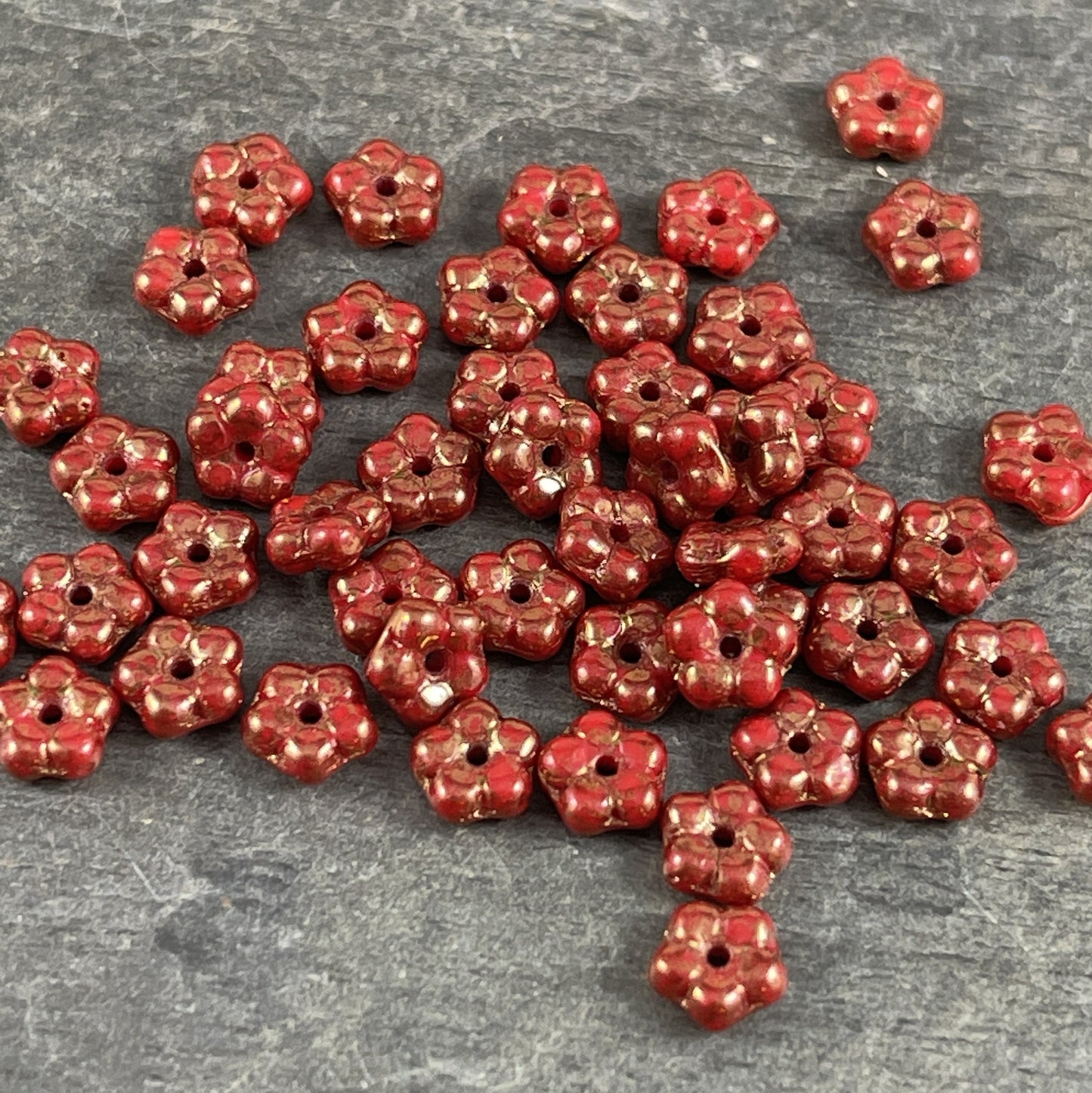 Czech Glass Beads - Brick Red Spacer Bead - 5mm Flower, Bronzed Red Glass Spacer (FMN/N-0425) * Qty. 50