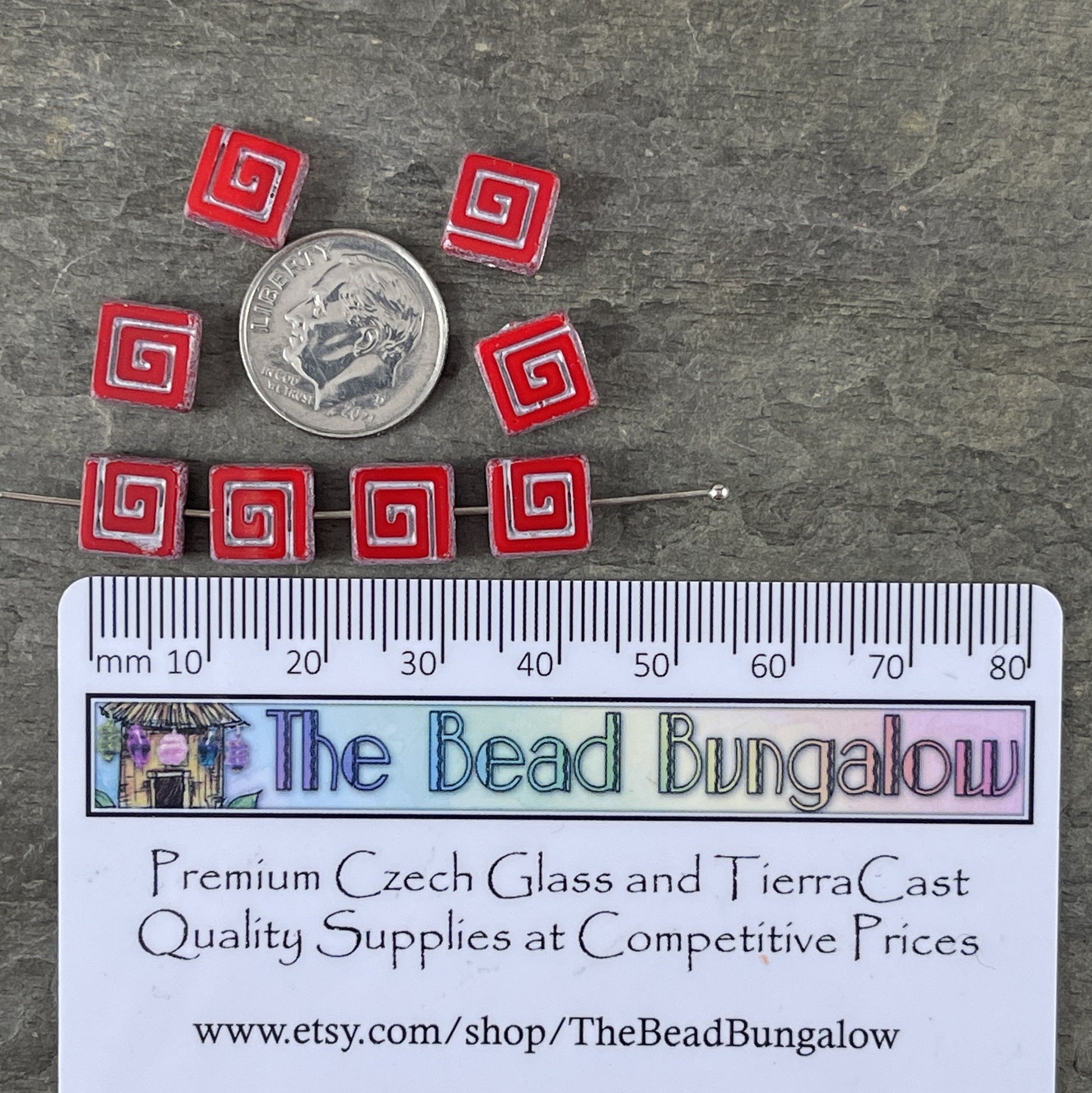 Red Table Cut Picasso Bead, Czech Glass Beads, Opaque Red and Silver 9mm Square Glass Bead (CSq2) * Qty. 8