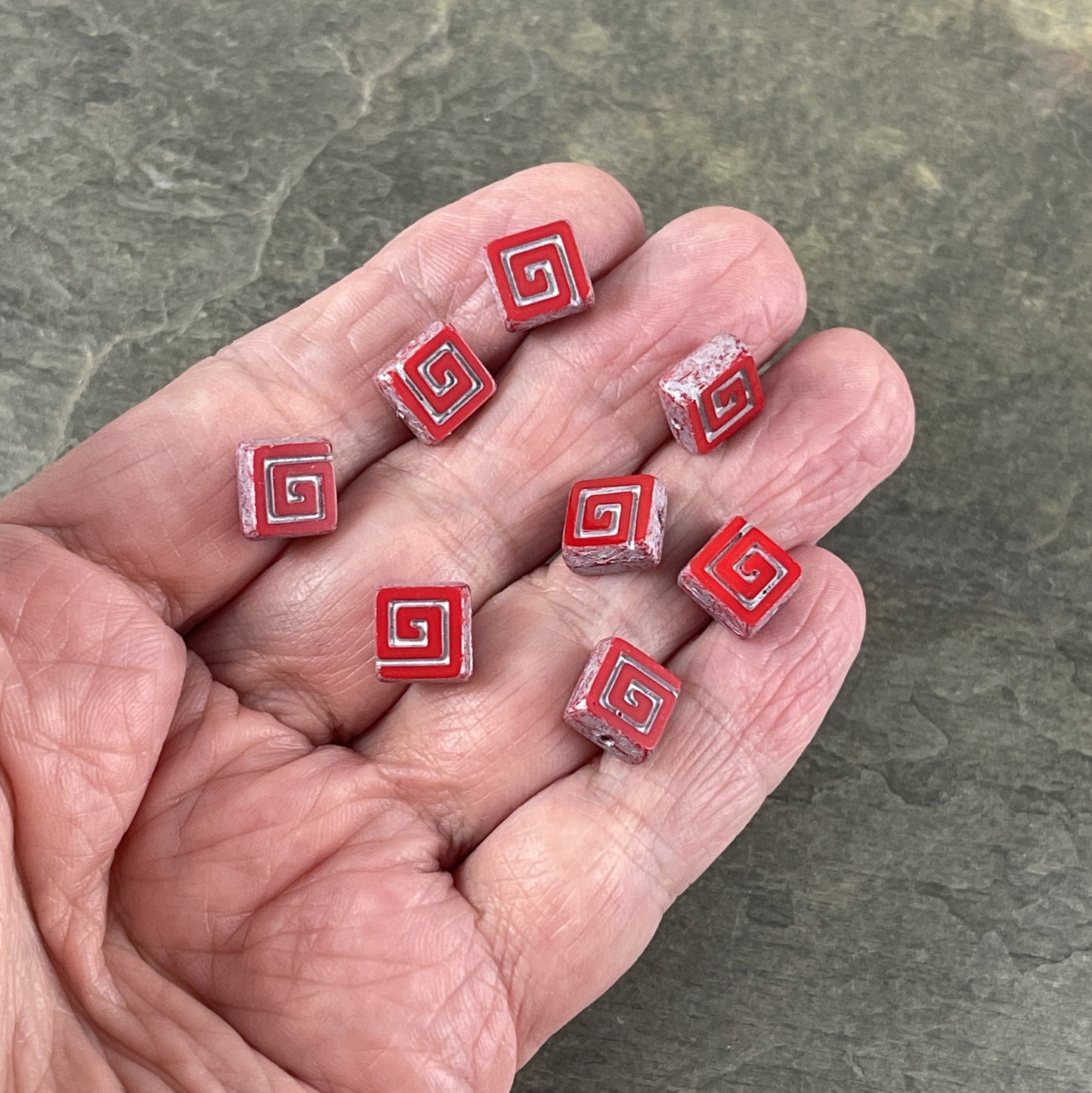 Red Table Cut Picasso Bead, Czech Glass Beads, Opaque Red and Silver 9mm Square Glass Bead (CSq2) * Qty. 8