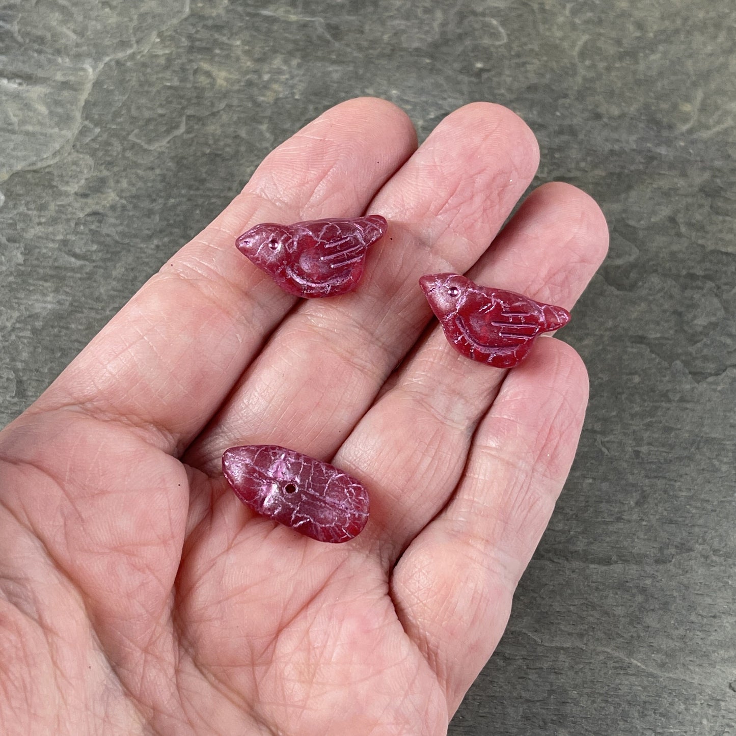 Czech Glass Beads - 11x22mm Chunky Bird Matte Fuchsia with Metallic Pink Wash (BRD/N-1668) * Qty. 4