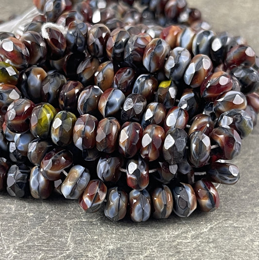 Czech Glass Beads - 7x5mm Faceted Rondelle, Blended Glass, Multi-color, Black, Red, Brown, Gray Mix (R7/RJ-0768) * Qty. 25