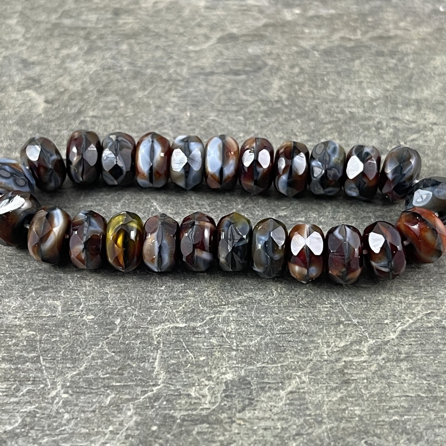Czech Glass Beads - 7x5mm Faceted Rondelle, Blended Glass, Multi-color, Black, Red, Brown, Gray Mix (R7/RJ-0768) * Qty. 25