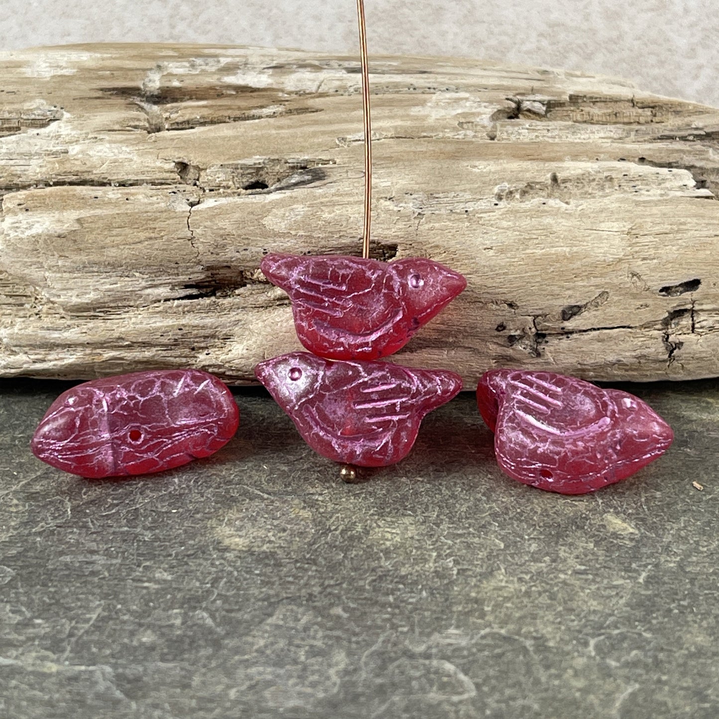 Czech Glass Beads - 11x22mm Chunky Bird Matte Fuchsia with Metallic Pink Wash (BRD/N-1668) * Qty. 4