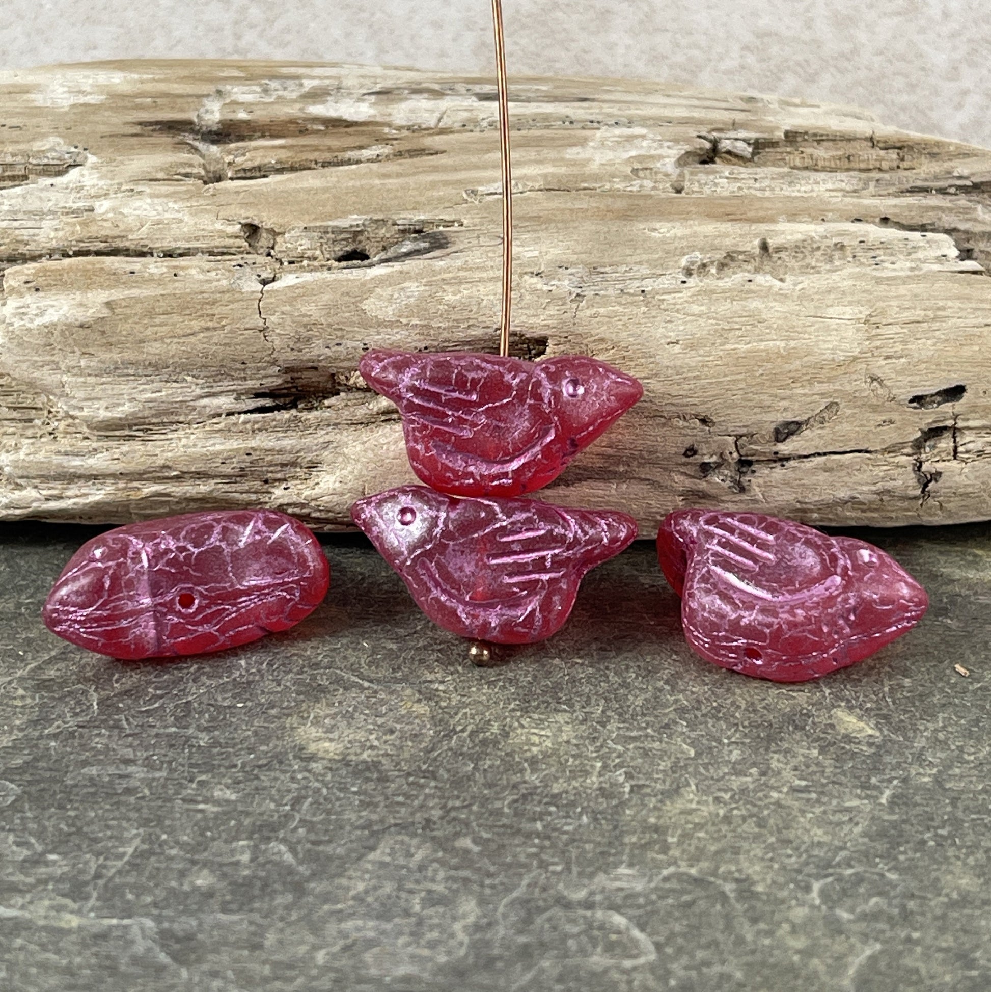 Czech Glass Beads - 11x22mm Chunky Bird Matte Fuchsia with Metallic Pink Wash (BRD/N-1668) * Qty. 4