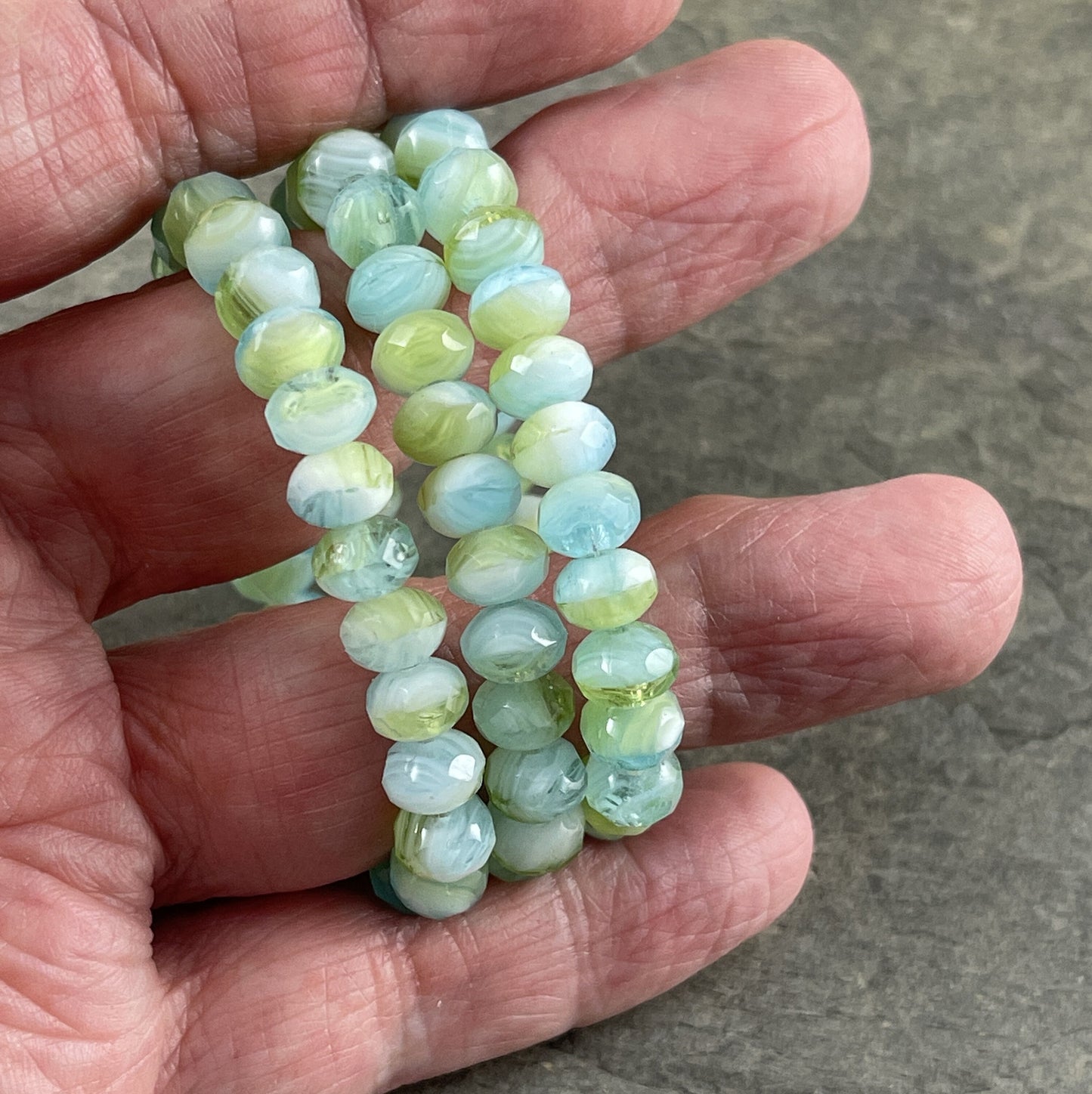 Light Aqua, Peridot and White Glass Beads, 7x5mm Czech Glass Rondelle, Multi Color Blue, Green and White Rondelle (R7/RJ-0698) * Qty 25