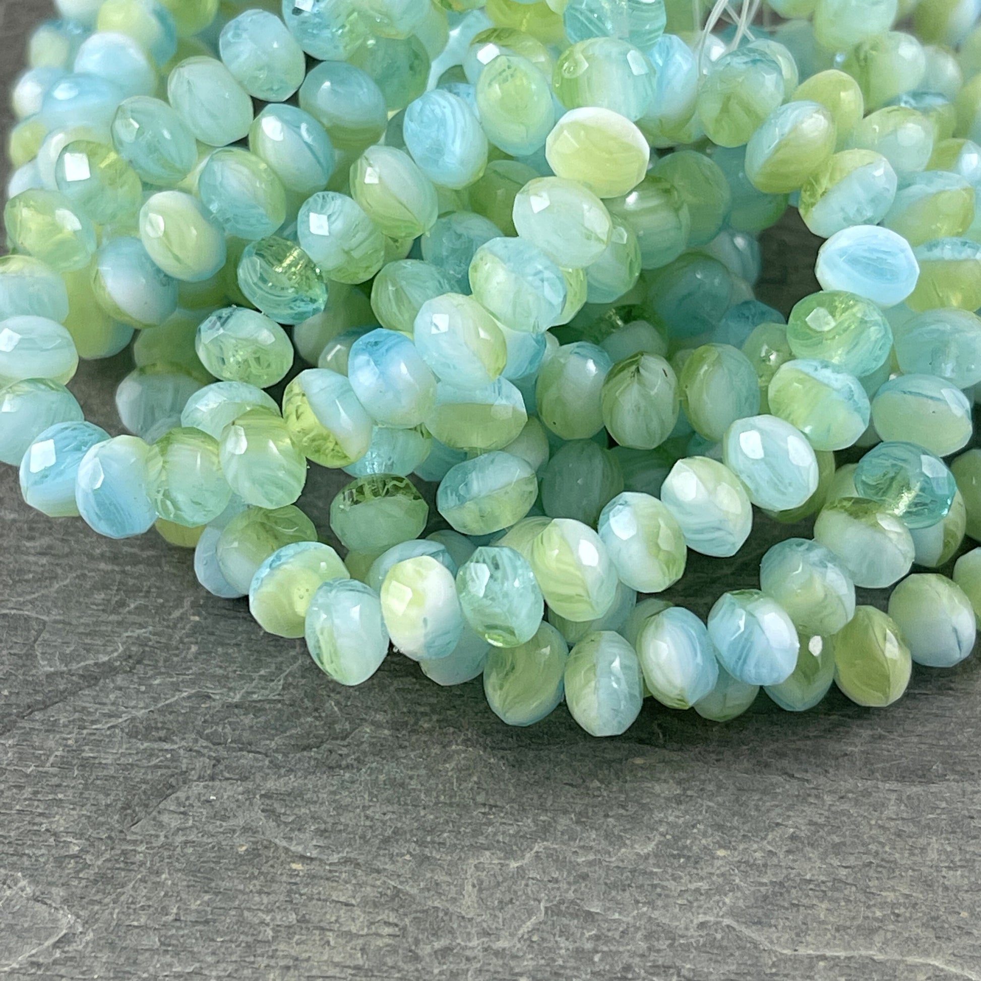 Light Aqua, Peridot and White Glass Beads, 7x5mm Czech Glass Rondelle, Multi Color Blue, Green and White Rondelle (R7/RJ-0698) * Qty 25