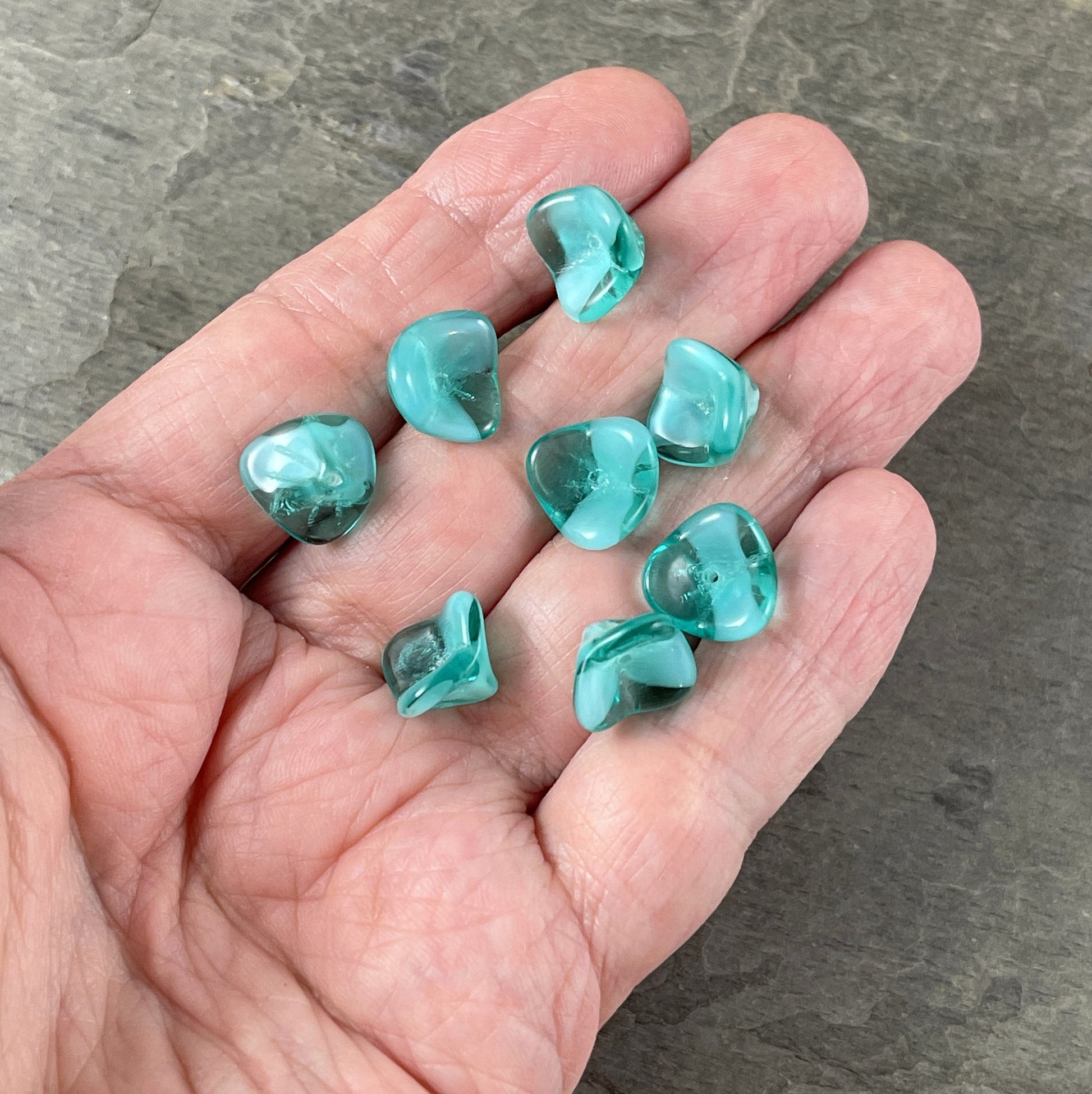 Aqua Flower, Aqua Blue and White 3-Petal Flower Beads, Czech Glass Beads, Opaque Flower, 12x9mm Bell Flower Bead (FLLB/RJ-1045) * Qty. 8