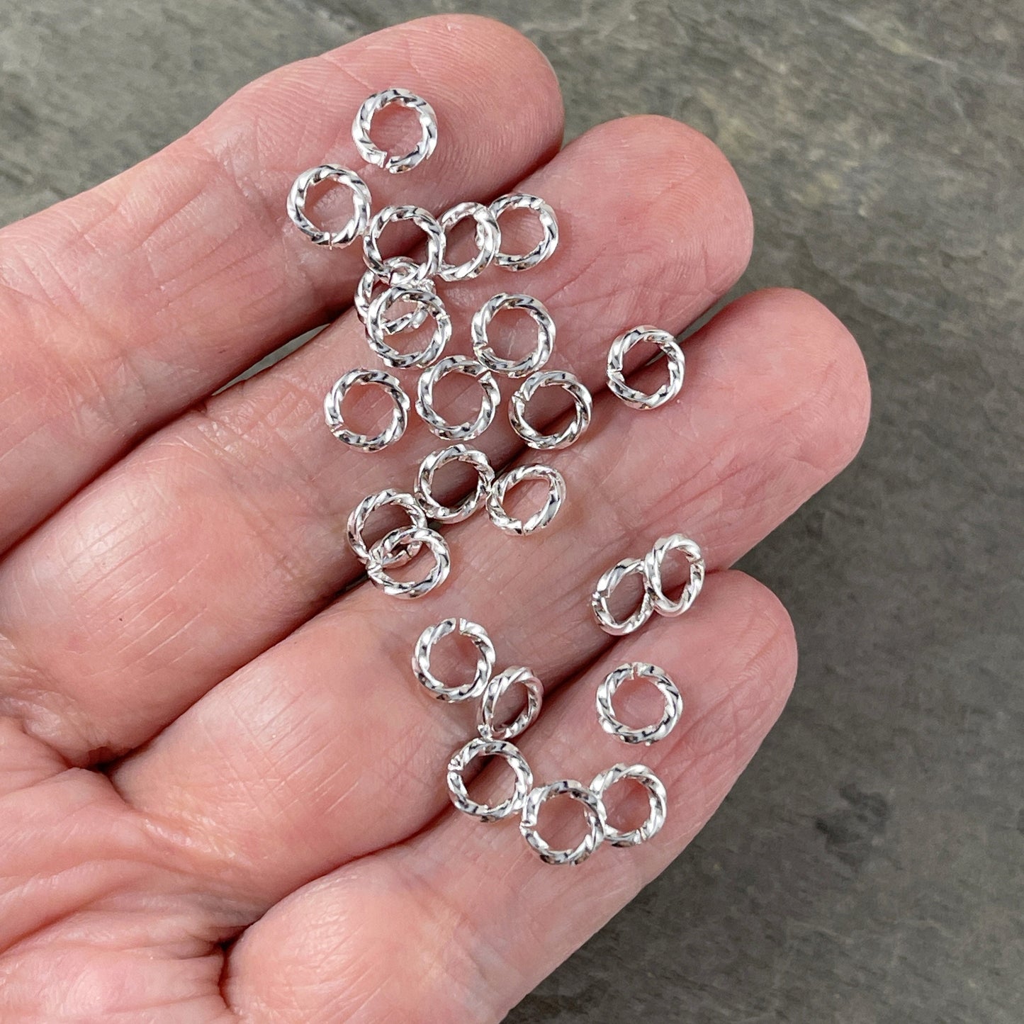 6mm Bright Silver Twisted Jumprings, Thick Decorative Jump Rings, 16 gauge Open Jump Rings (FMG/5040) * Qty. 100