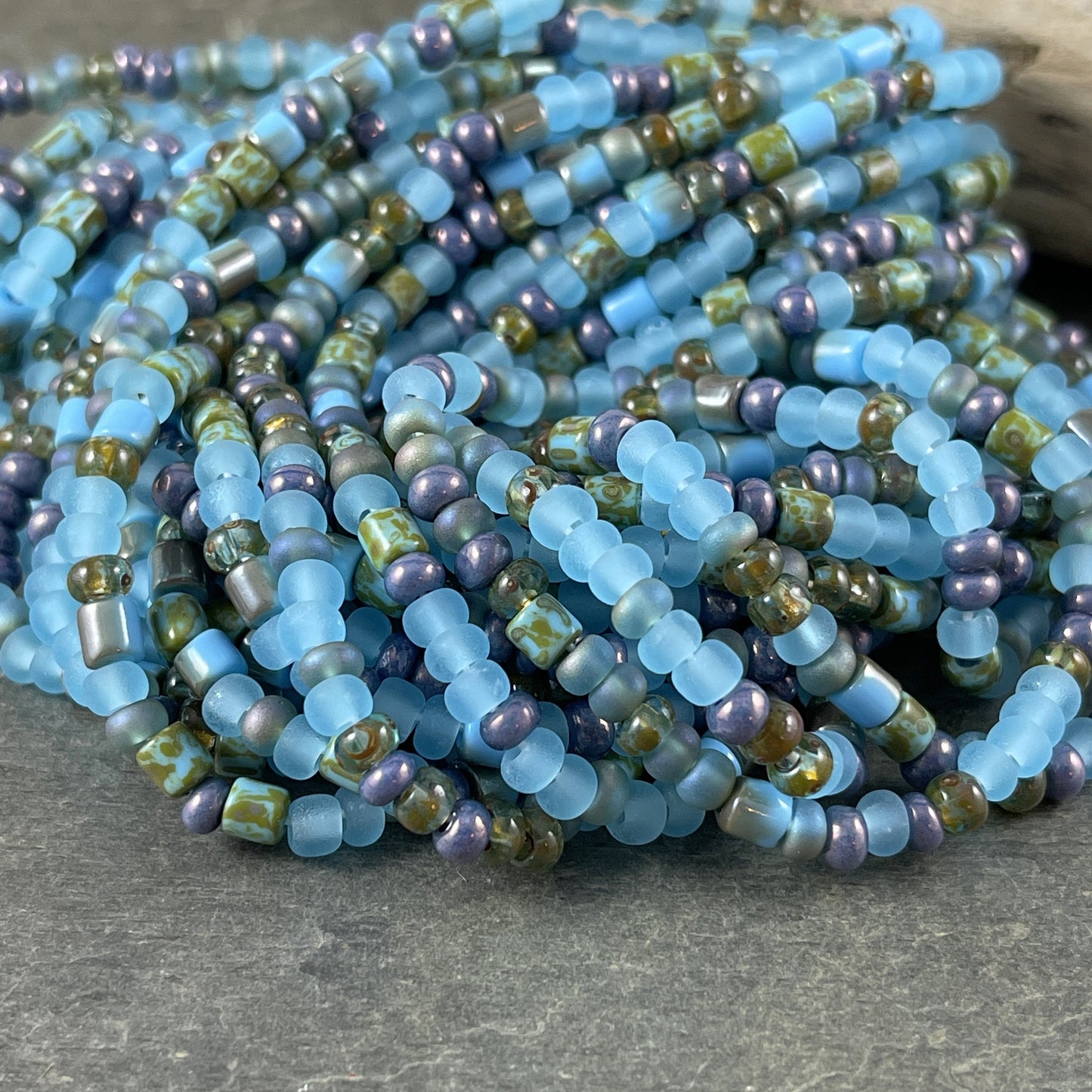Aged Picasso Seed Beads - 4mm Czech Glass ~ Matte Finish, Turquoise and Light Blue (6/0-CSB) * 20" strand