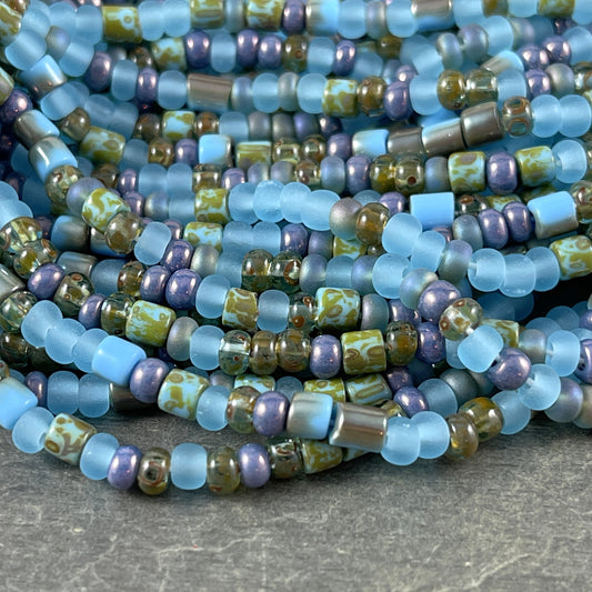 Aged Picasso Seed Beads - 4mm Czech Glass ~ Matte Finish, Turquoise and Light Blue (6/0-CSB) * 20" strand