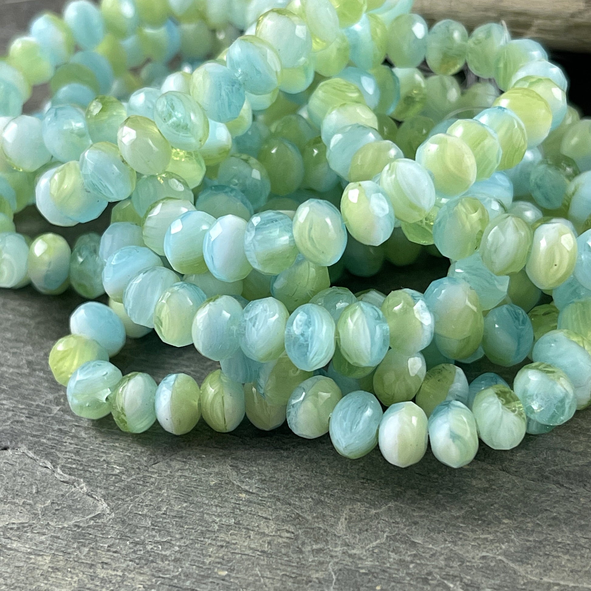 Light Aqua, Peridot and White Glass Beads, 7x5mm Czech Glass Rondelle, Multi Color Blue, Green and White Rondelle (R7/RJ-0698) * Qty 25