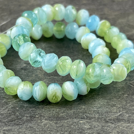 Light Aqua, Peridot and White Glass Beads, 7x5mm Czech Glass Rondelle, Multi Color Blue, Green and White Rondelle (R7/RJ-0698) * Qty 25