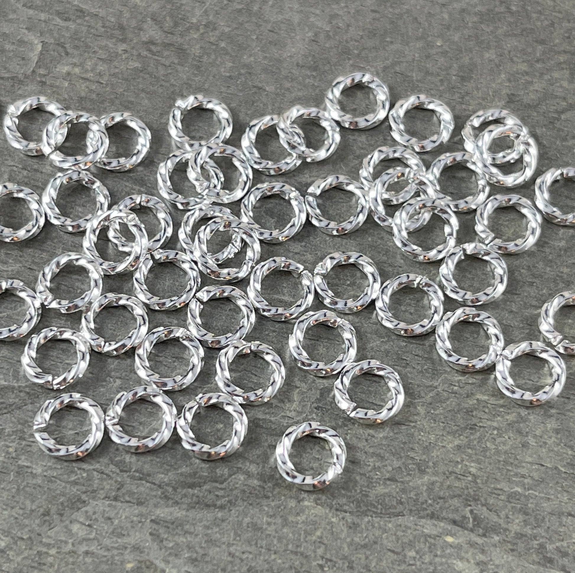 6mm Bright Silver Twisted Jumprings, Thick Decorative Jump Rings, 16 gauge Open Jump Rings (FMG/5040) * Qty. 100