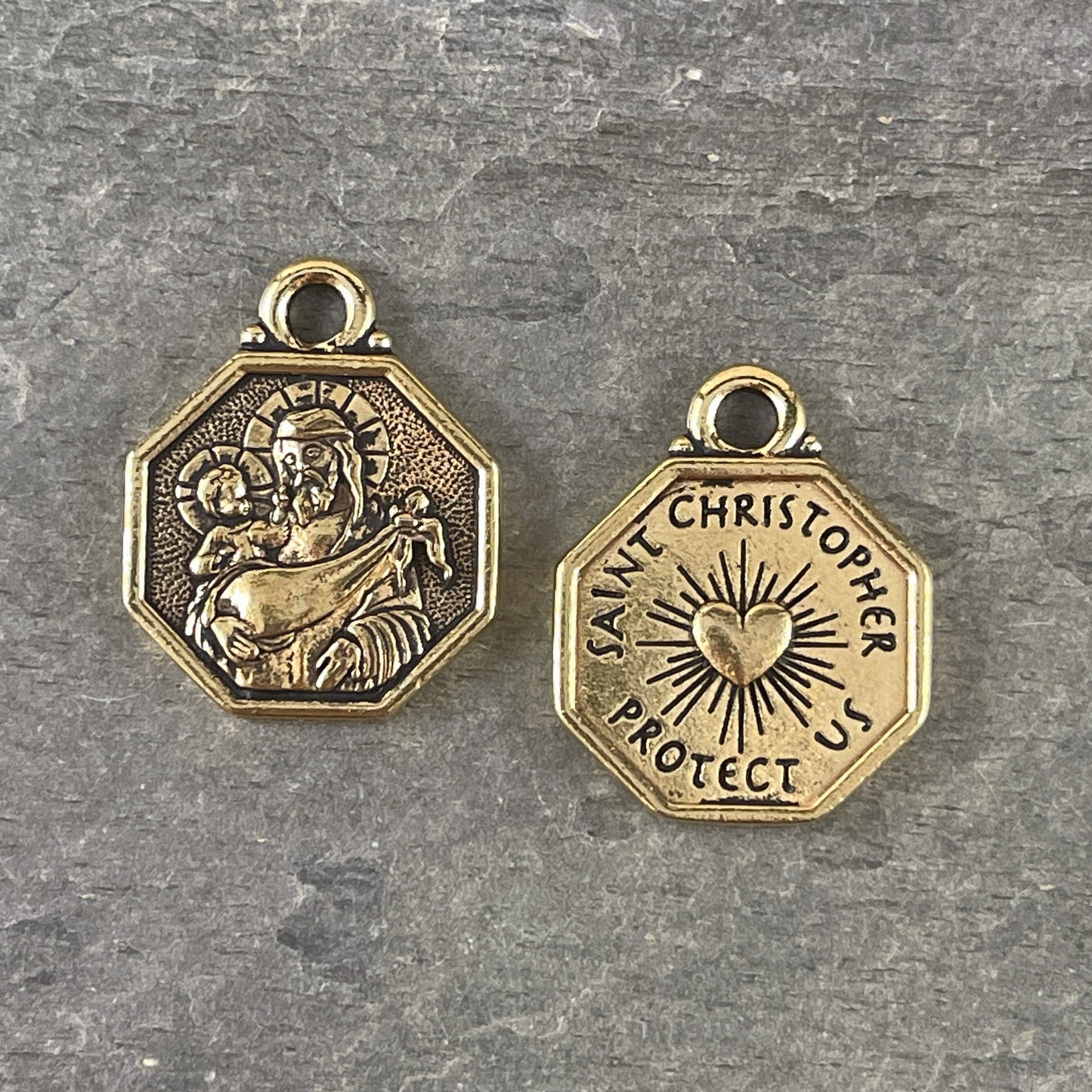 TierraCast Charms St. Christopher Drop Keep The Faith Collection Antiqued Gold Double Sided Pendant (TC/2584-26) * Qty. 2