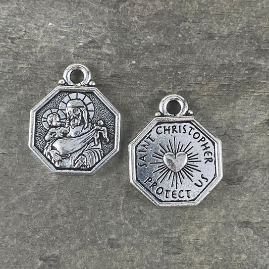 TierraCast Charms St. Christopher Drop Keep The Faith Collection Antiqued Silver Double Sided Drop (TC/2584-12) * Qty. 2