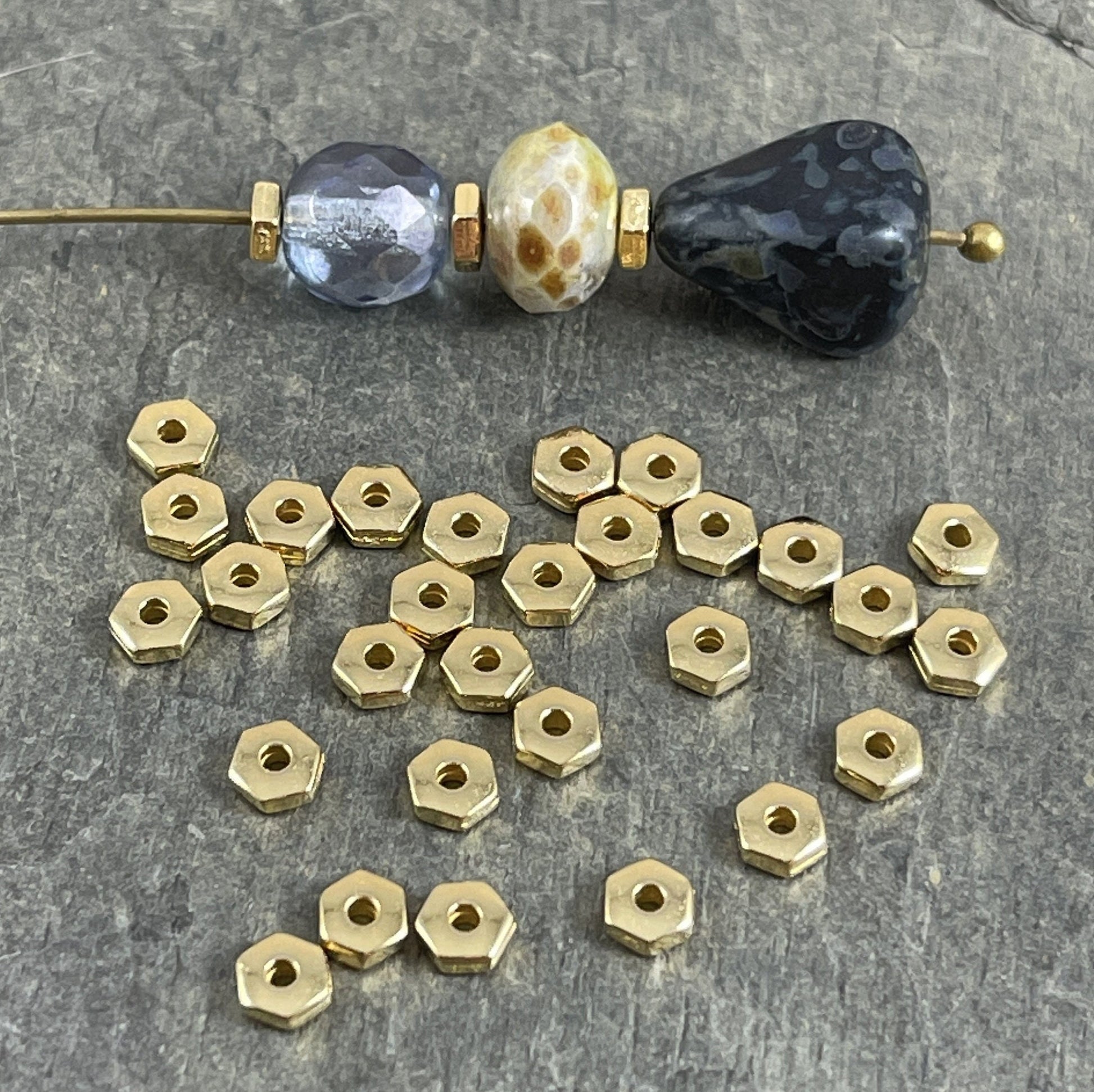 NEW TierraCast 4mm Gold Hexagonal Spacer Beads, Nickel Free 24k Gold Plated Pewter Hex Rondelle Beads (PF/387-12) * Qty. 50