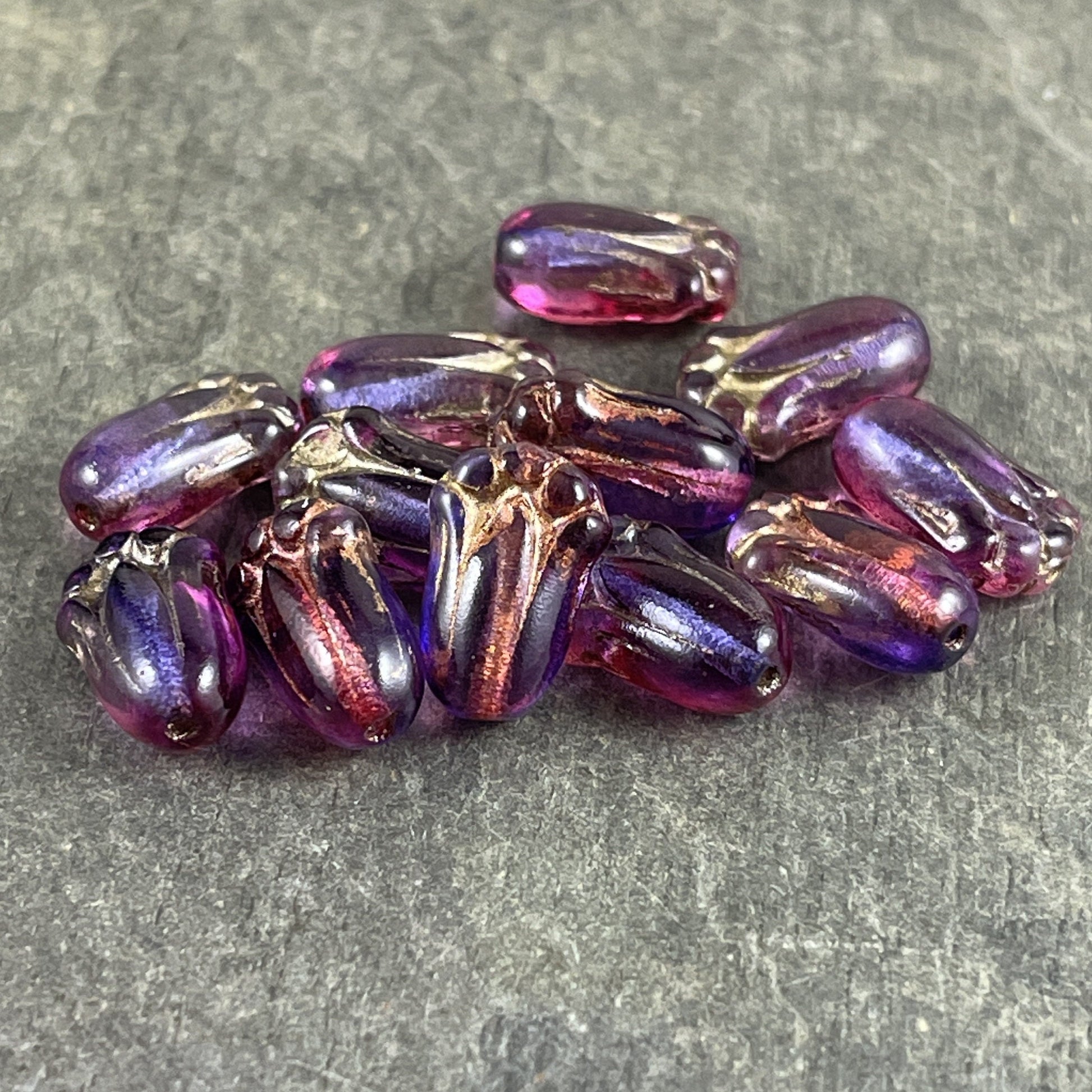 Transparent Purple and Fuchsia Czech Glass Flower ~ 12x8mm Lily Bud Flower ~ Purple & Pink Flower Bead (LBud23) * Qty. 12