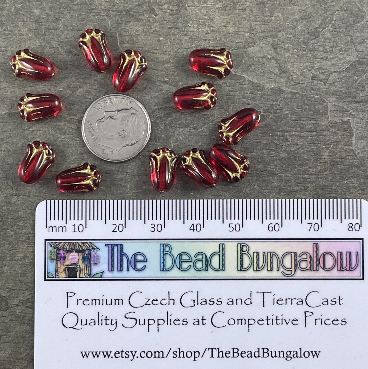 Czech Glass Beads - 12x8mm Lily Bud, Transparent Red with Gold Finish (LBud28) * Qty. 12