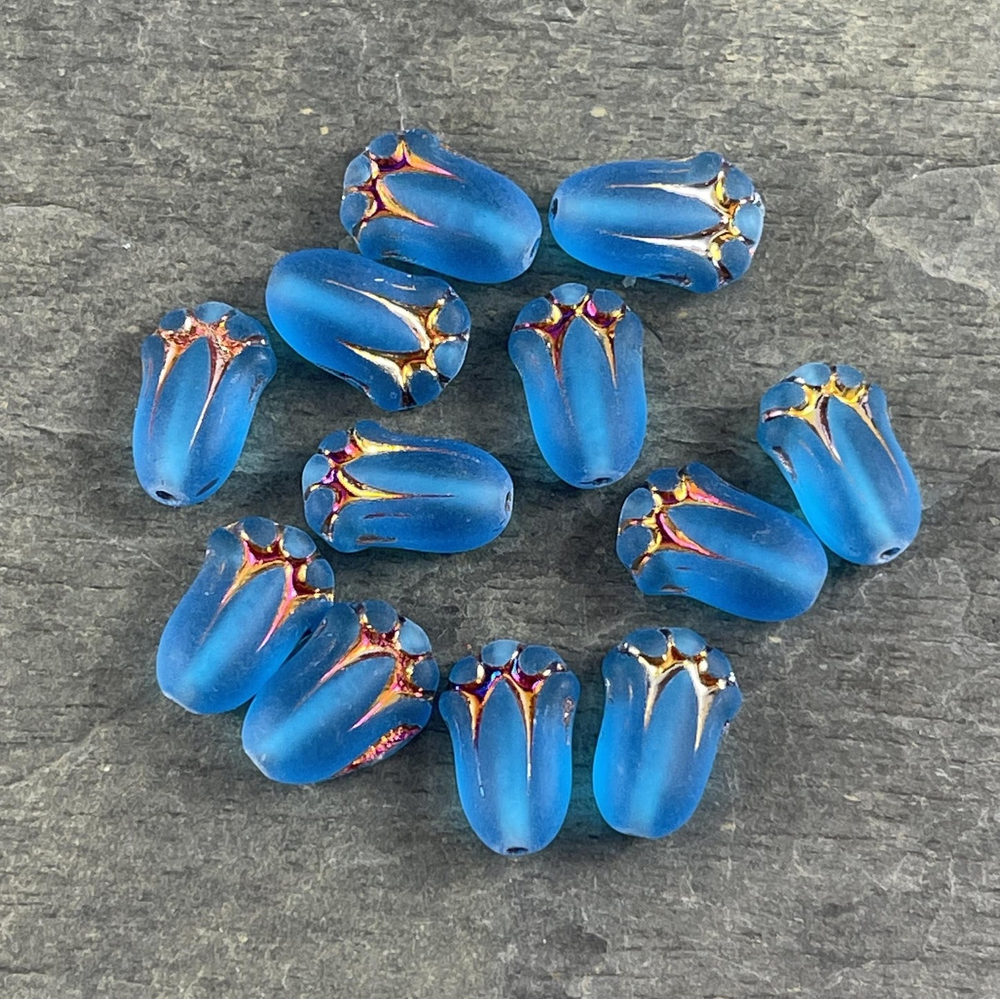 Czech Glass Beads - 12x8mm Lily Bud Flower, Matte Blue with Sliperit Finish (LBud29) * Qty. 12