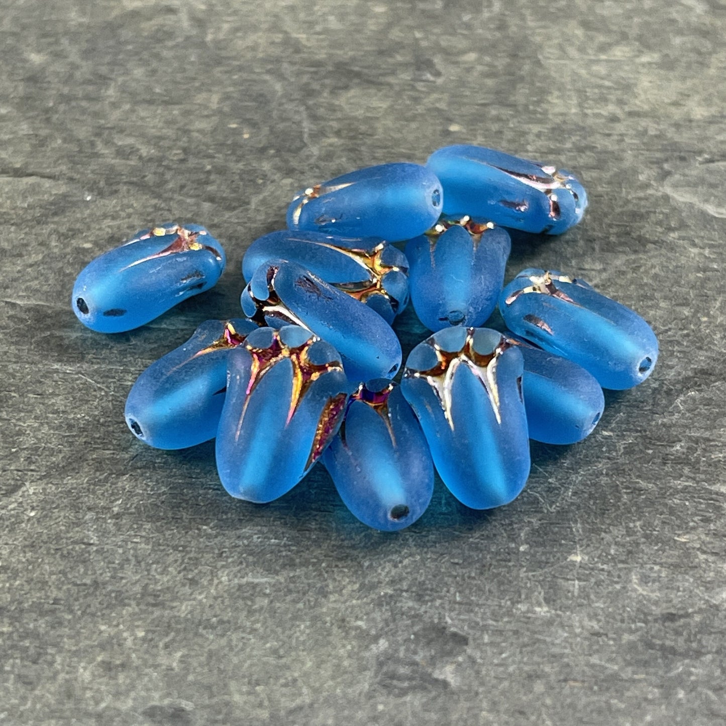 Czech Glass Beads - 12x8mm Lily Bud Flower, Matte Blue with Sliperit Finish (LBud29) * Qty. 12