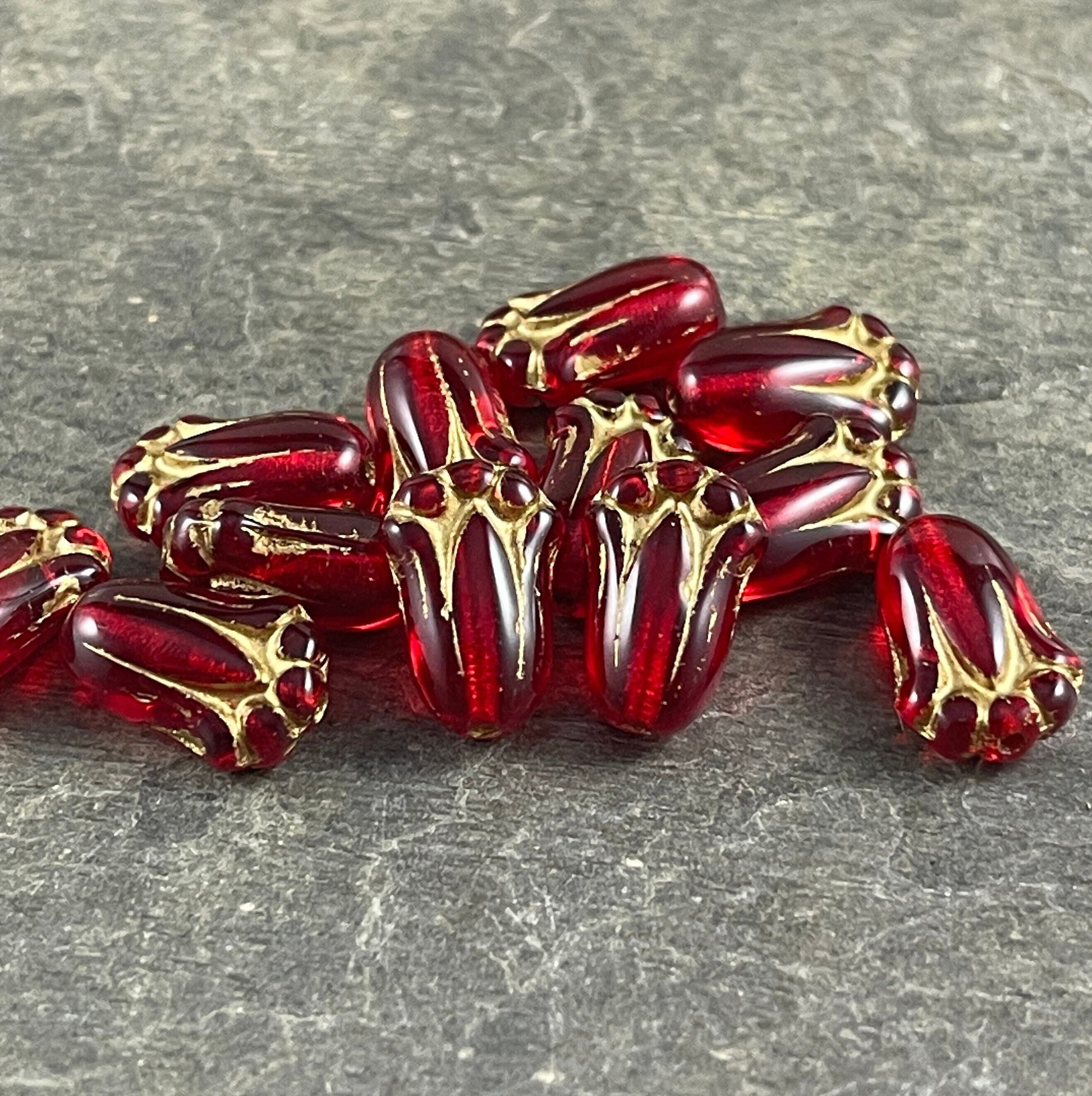 Czech Glass Beads - 12x8mm Lily Bud, Transparent Red with Gold Finish (LBud28) * Qty. 12