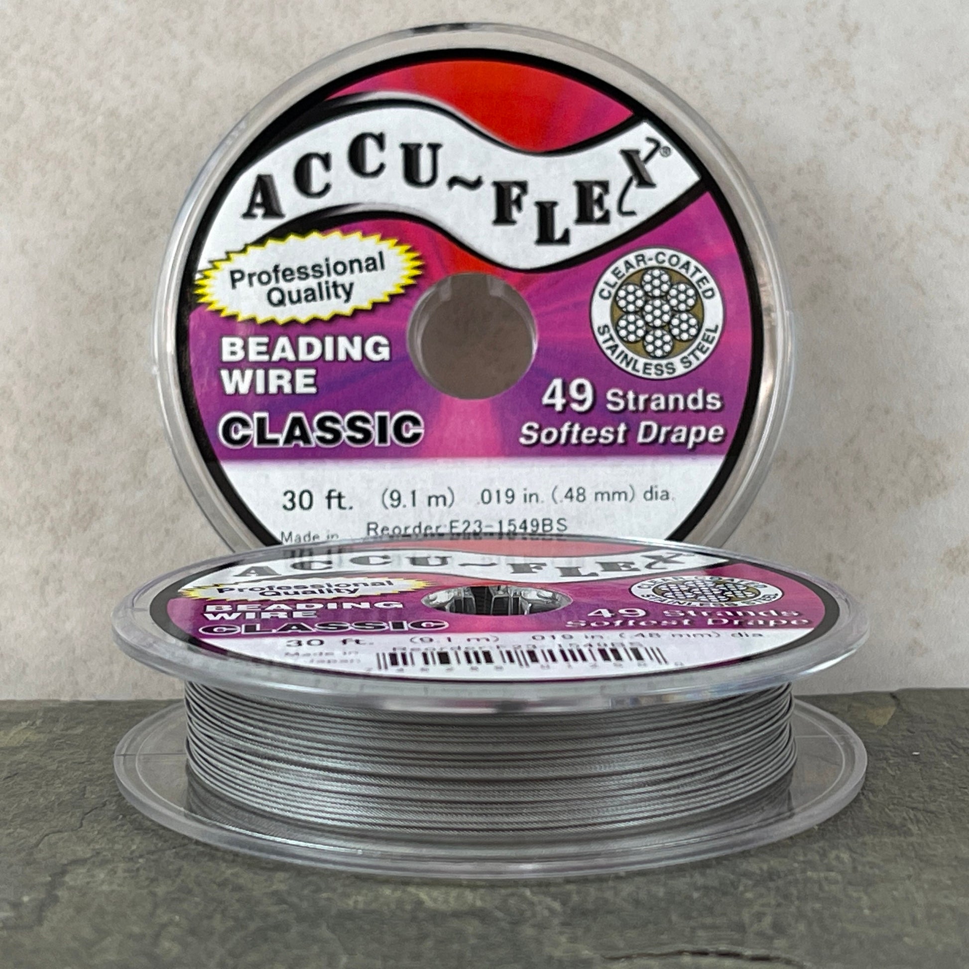 Accu-Flex Beading Wire - Stainless Steel/Clear, 49 Strand, .019in .48mm diameter (1549) * 30 ft. spool