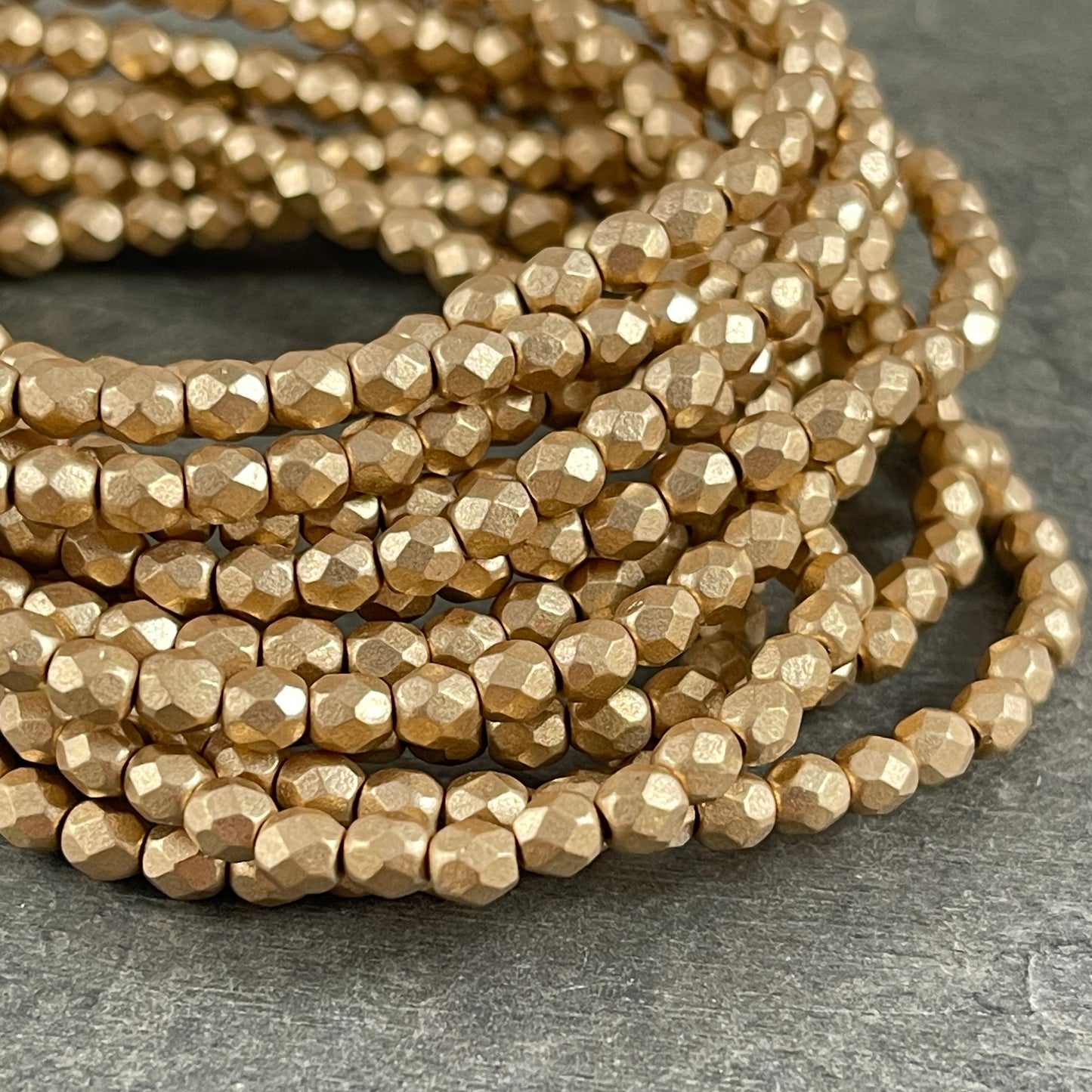 Czech Glass Beads - 4mm Matte Metallic Gold Faceted Round Beads (FP4/K0171) * Qty 50