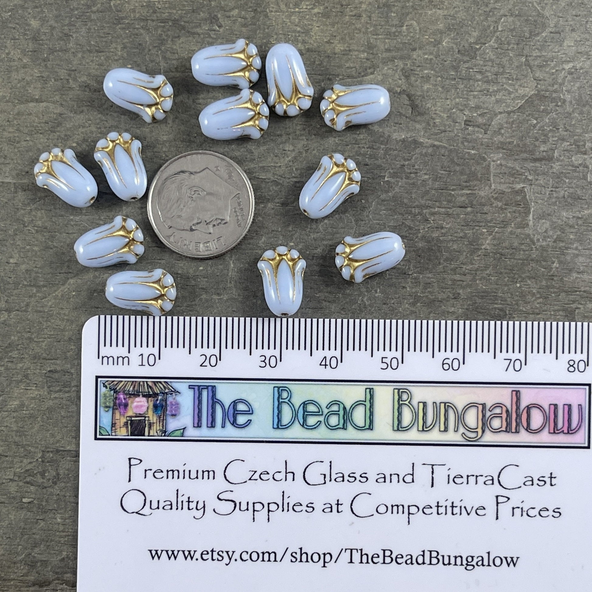 Czech Glass Beads - Opaque Light Blue Flower with Gold Wash, 12x8mm Lily Bud, Light Blue Czech Flower Bead (LBud26) * Qty. 12