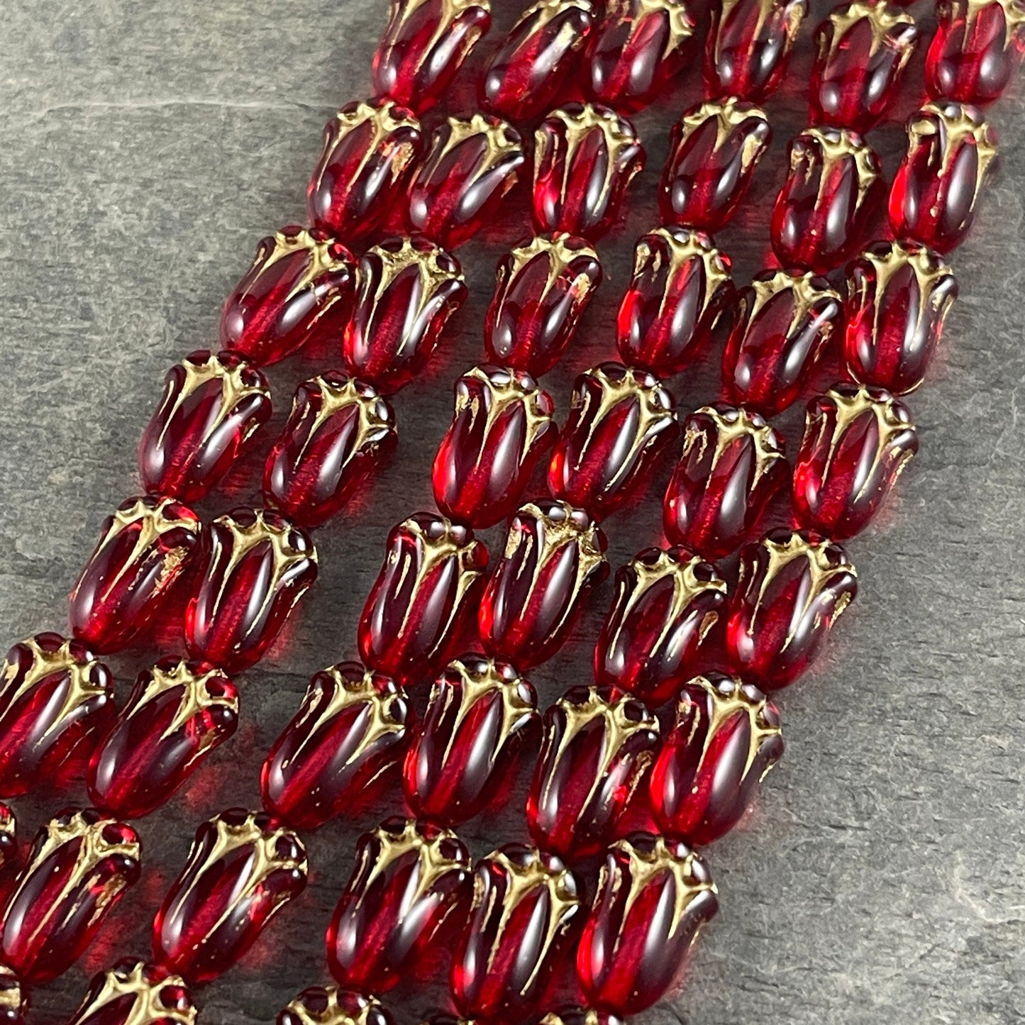 Czech Glass Beads - 12x8mm Lily Bud, Transparent Red with Gold Finish (LBud28) * Qty. 12