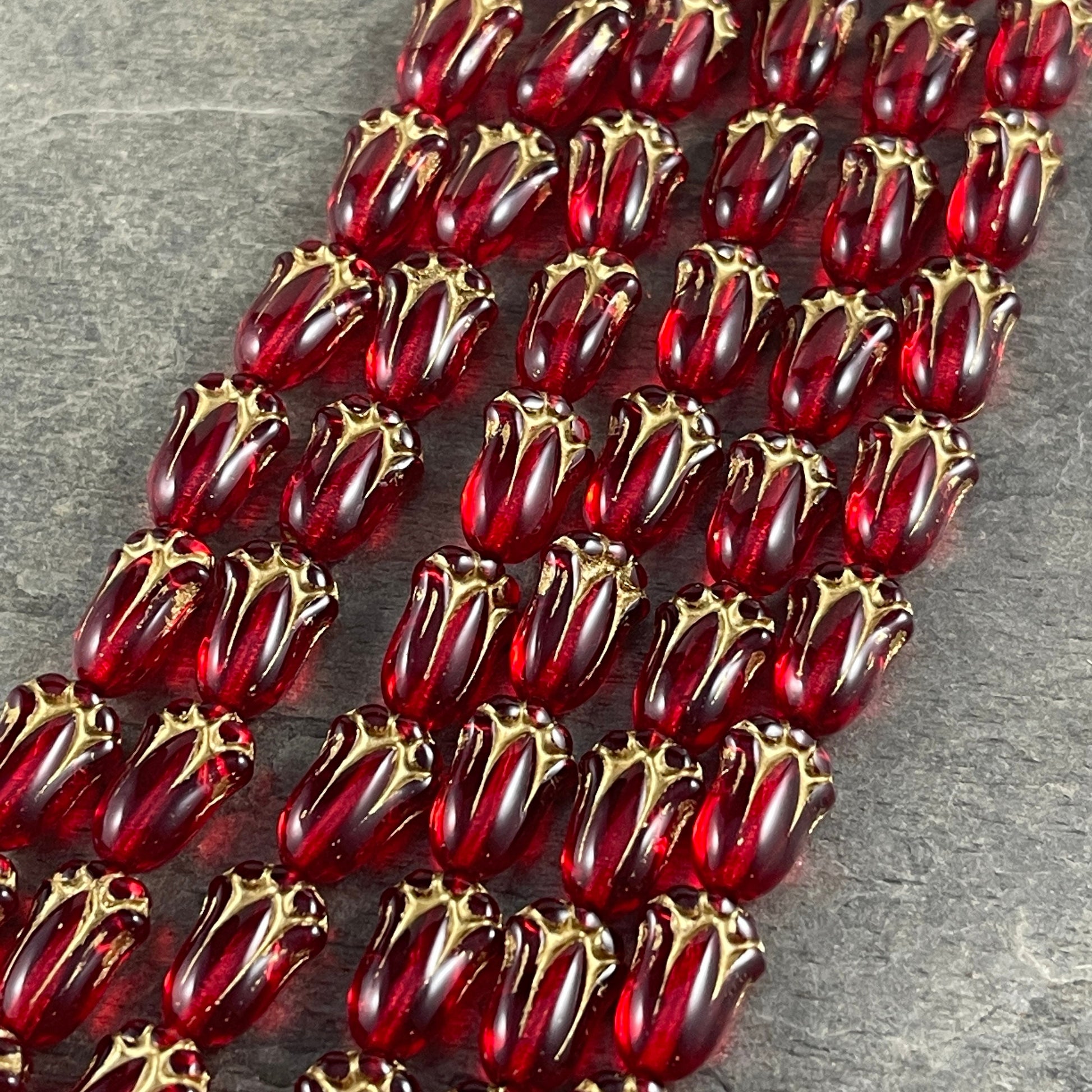 Czech Glass Beads - 12x8mm Lily Bud, Transparent Red with Gold Finish (LBud28) * Qty. 12